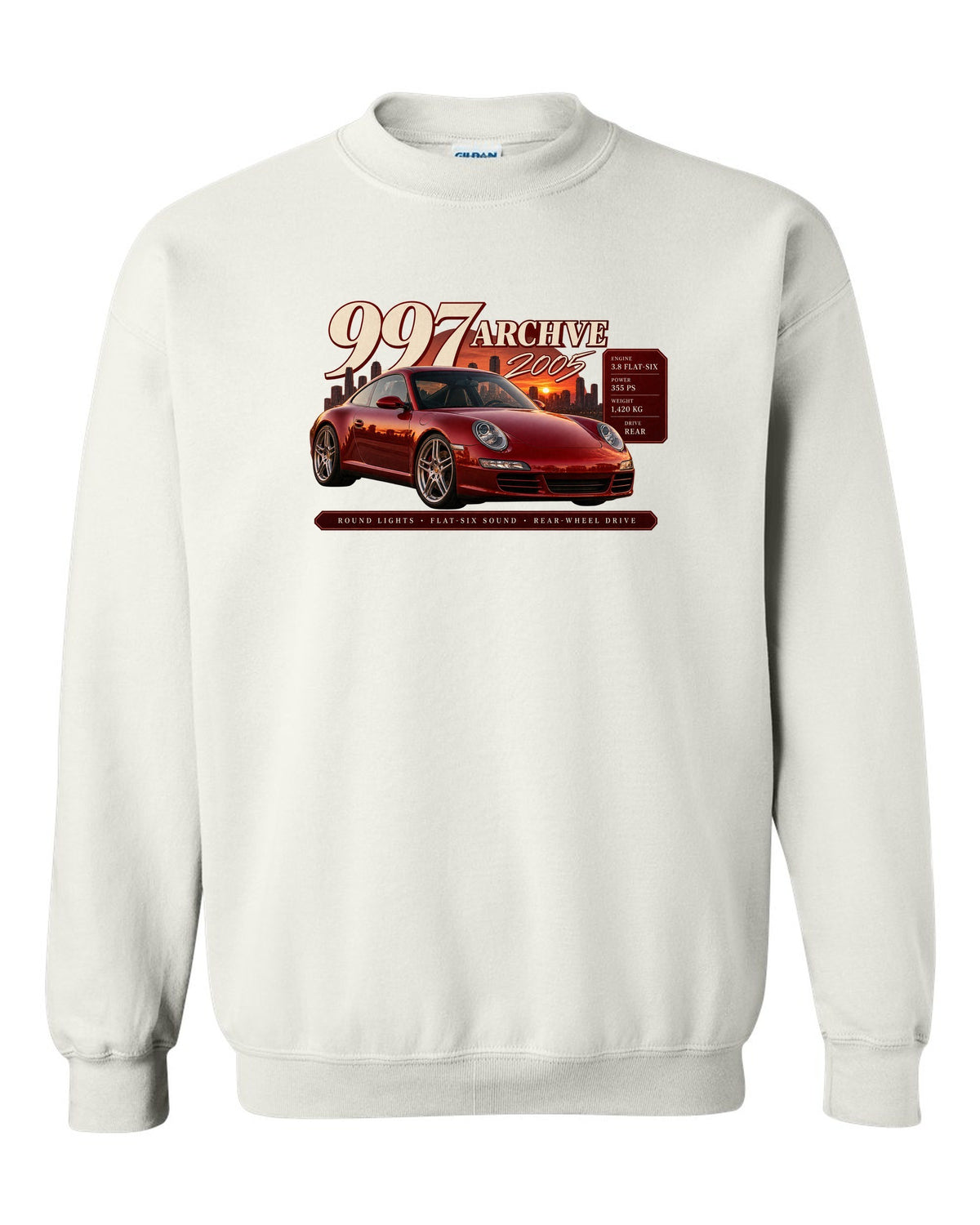 Archive panel print of a deep red Porsche 911 Carrera S 997.1 with 3.8 flat-six spec lines white crewneck front view with the design