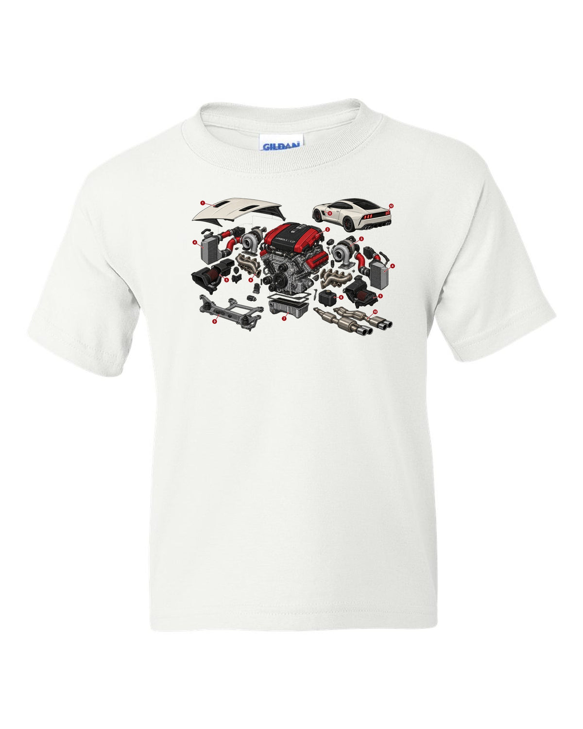 Isometric exploded cutaway print of the Kia Stinger GT CK Lambda II 3.3T engine white kids tee front view with the design