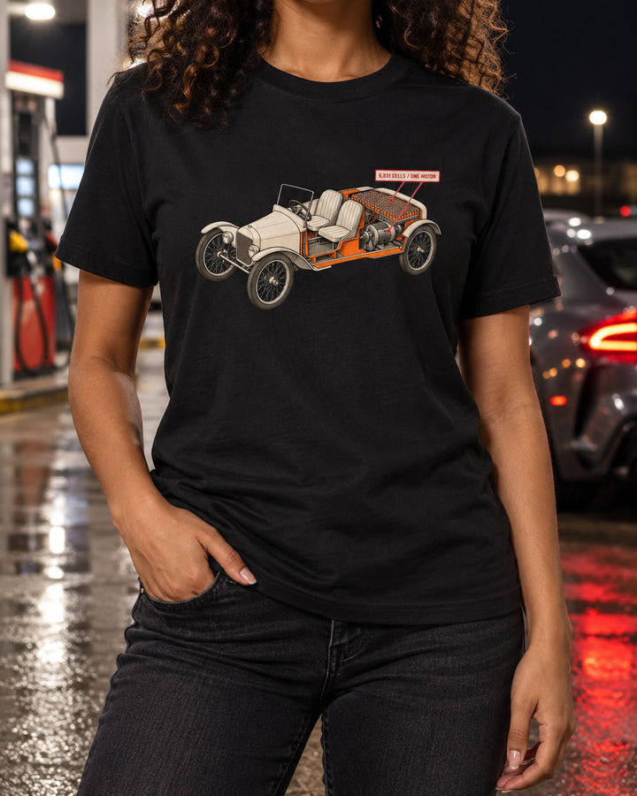 Tesla Roadster Gen 1 Isometric Cutaway Diagram print Tee T-Shirt Black worn hero