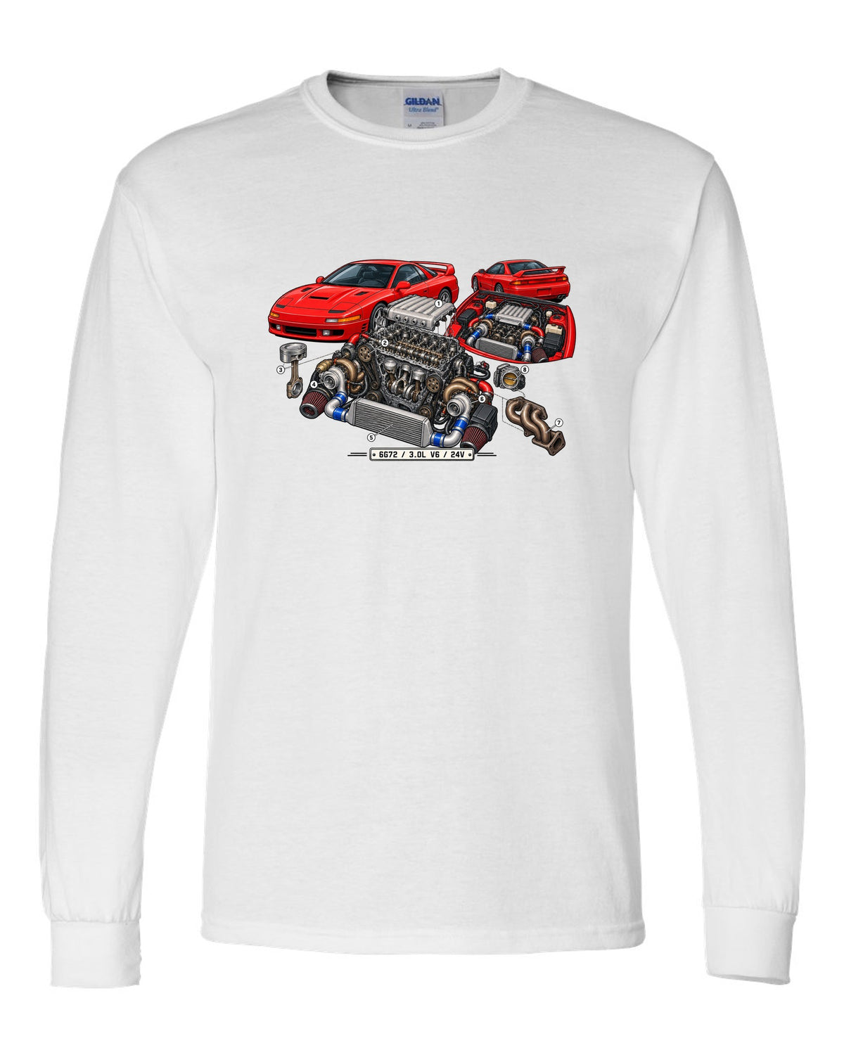 Exploded engine cutaway print of the 6G72 V6 for the Mitsubishi 3000GT VR-4 with 3.0L 24V text white long sleeve front view with the design
