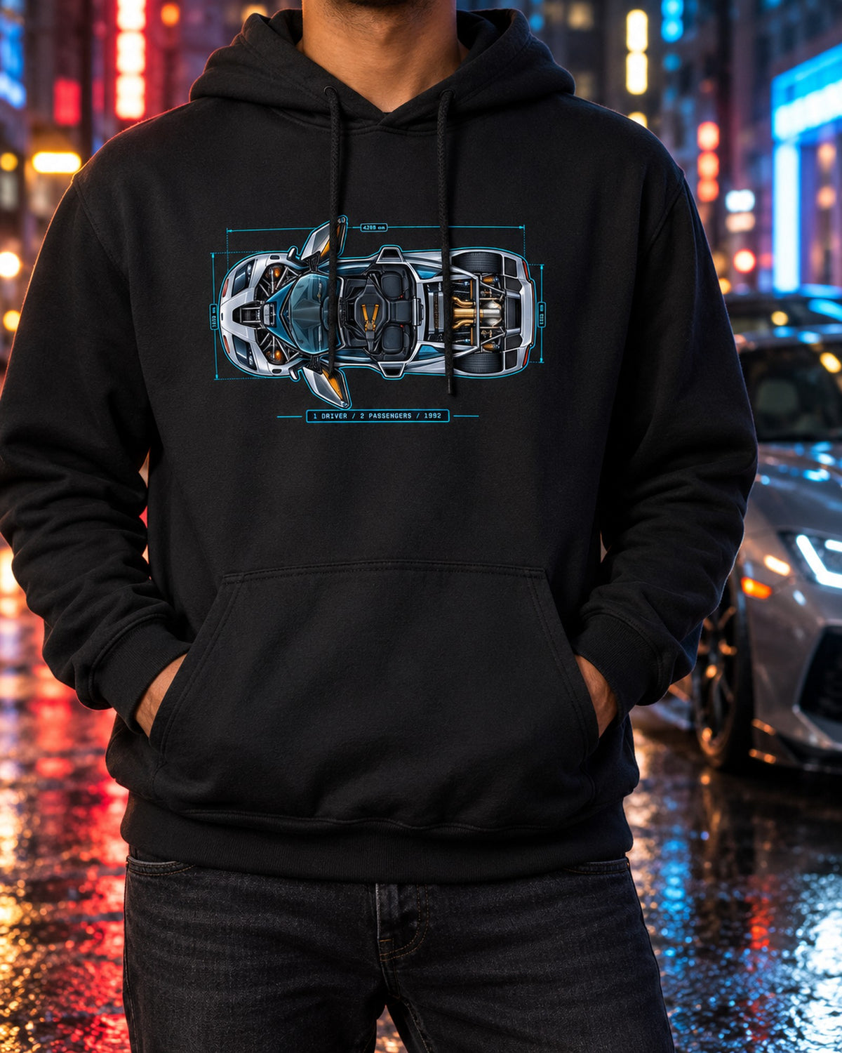 McLaren F1 Blueprint Shirt, One Driver Two Passengers, Car Guy Gift Pull Over Hoodie Black worn hero