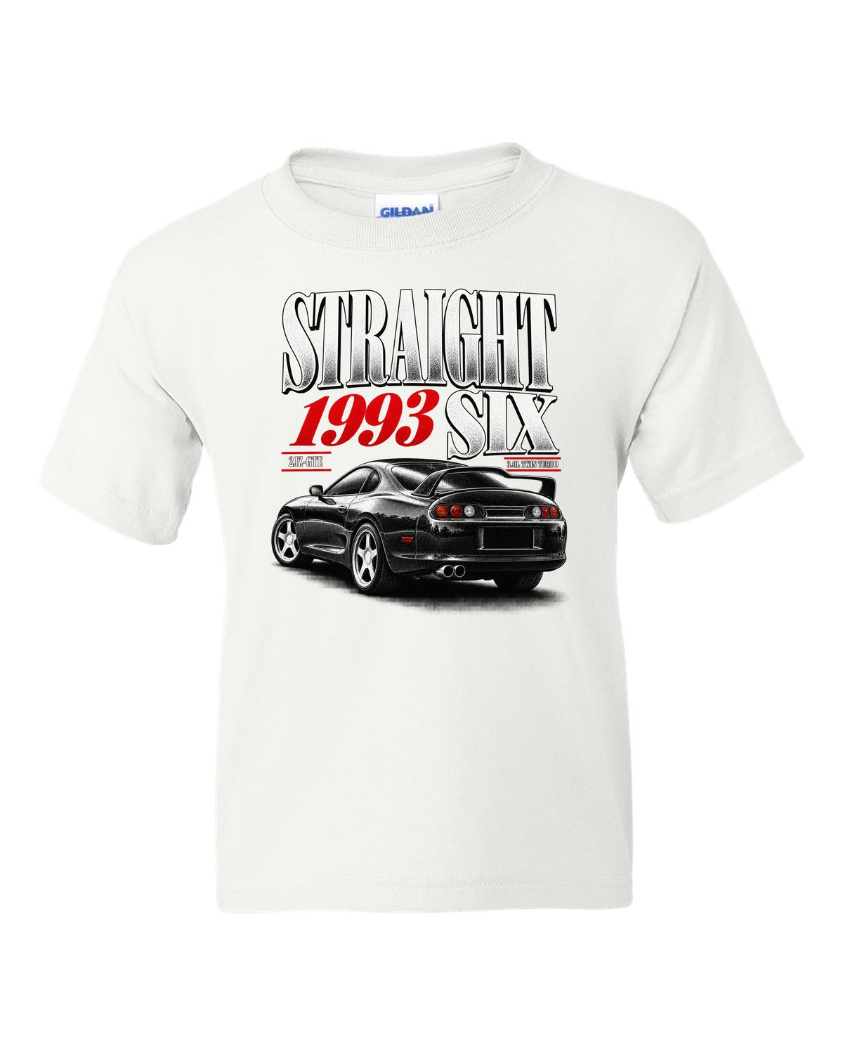 print of a Toyota Supra A80 JZA80 with straight six editorial headline and 2JZ-GTE twin turbo text white kids tee front view with the design