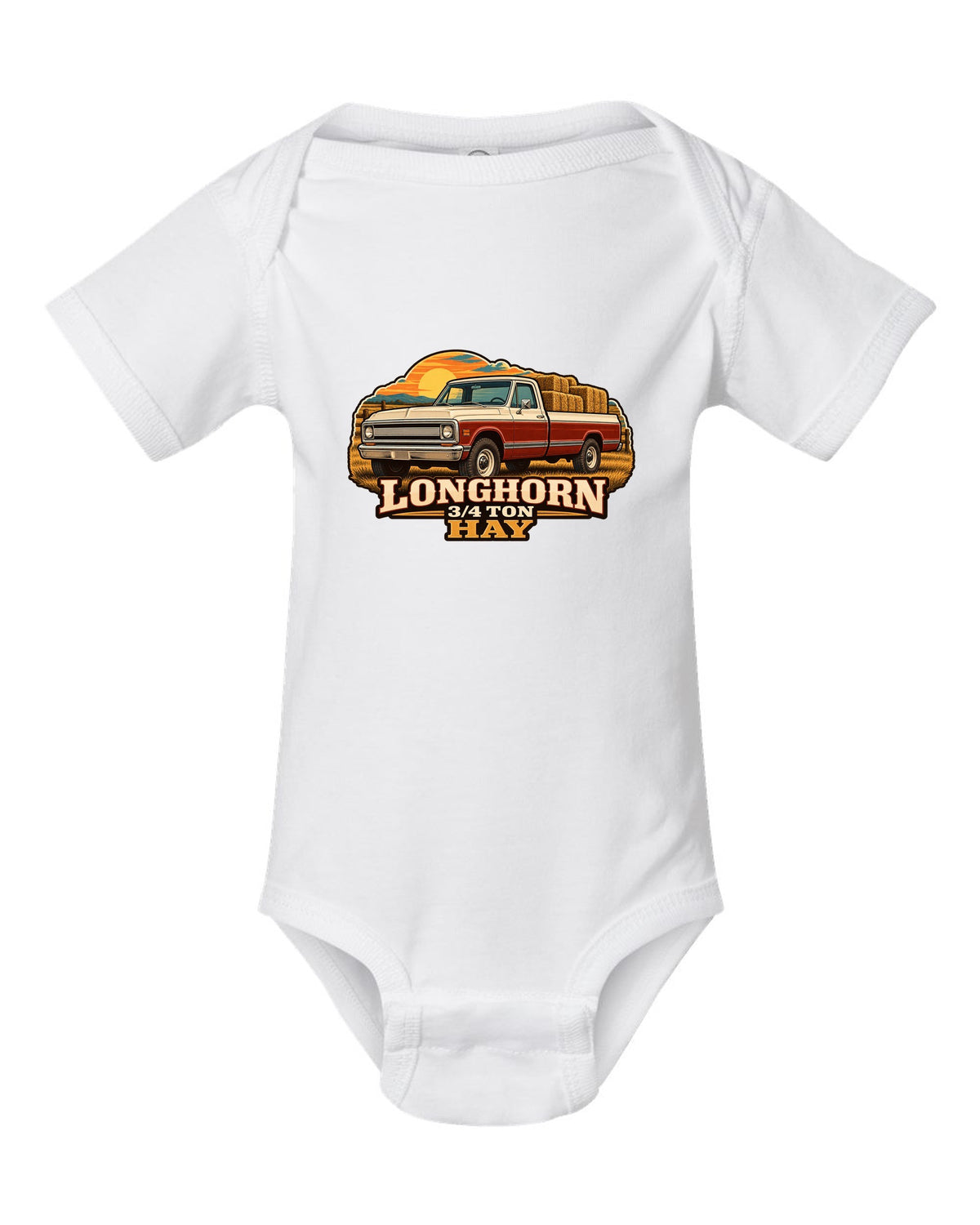Vintage dealer-ad print of a 1967-72 Chevrolet C20 Longhorn with Longhorn 3/4 Ton Hay text white baby onesie front view with the design