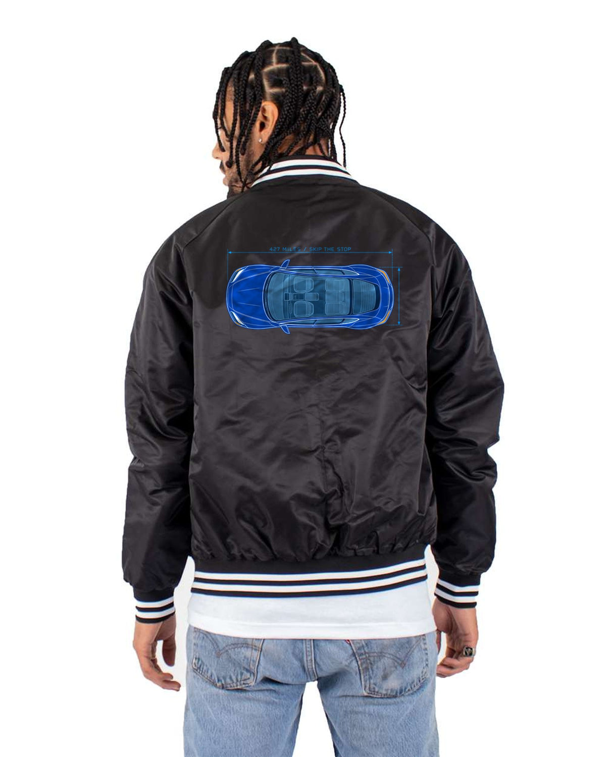 Lucid Air Sapphire Cyan Blueprint Shirt, Range Joke Tee Bomber Jacket Black back