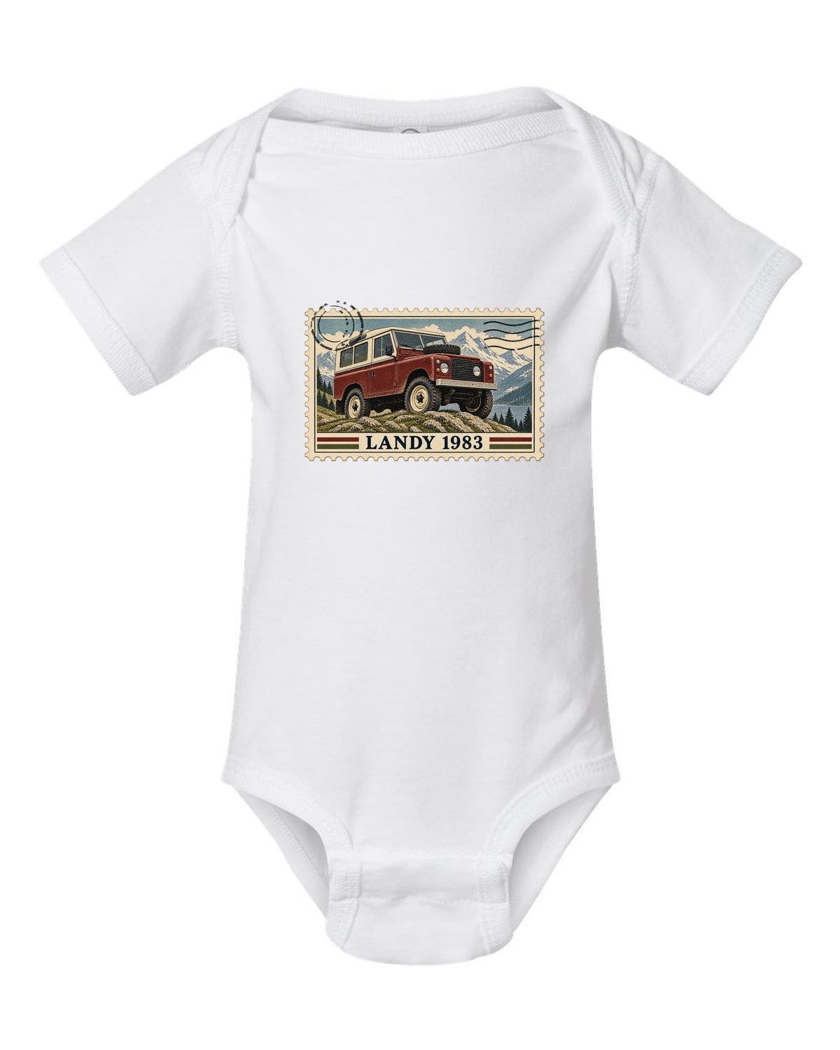 Vintage postage stamp print with perforated edge showing a Land Rover Defender 110, Landy 1983 white baby onesie front view with the design