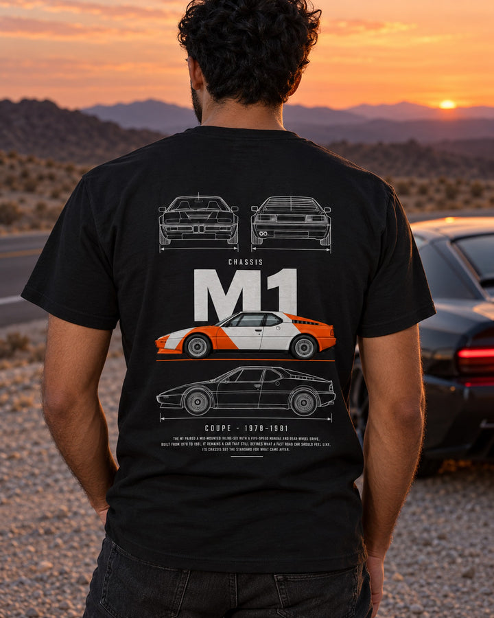 BMW M1 mid-engine wedge coupe Blueprint Full-Back Graphic Tee, M1 Chassis Code T-Shirt Black worn hero