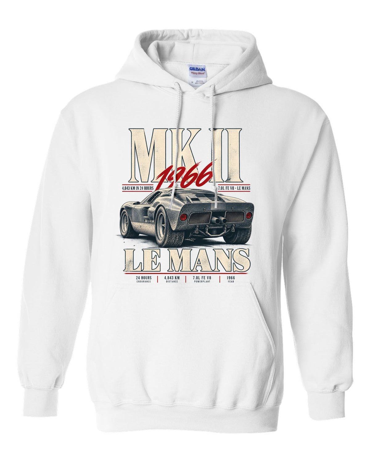 Editorial print of a 1966 Ford GT40 Mk II rear three-quarter view with Le Mans distance white pull over hoodie front view with the design