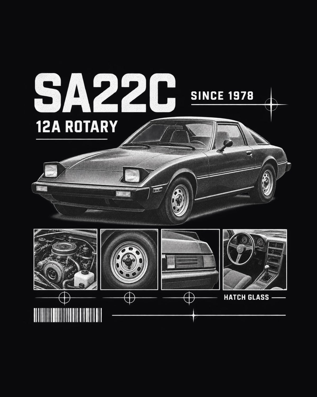 Mazda RX-7 SA22C Rotary Dossier Tee, First Gen RX-7 Shirt design only