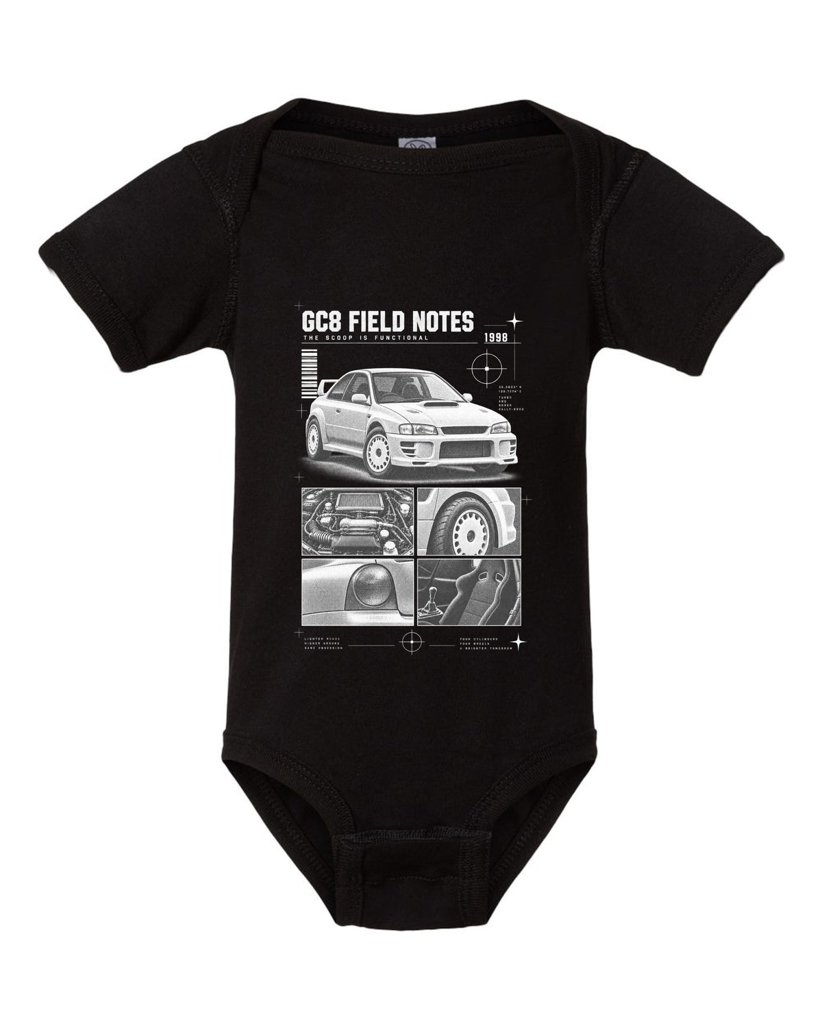 Subaru Impreza WRX GC8 coupe 1998 field notes dossier panels black baby onesie front view with the design