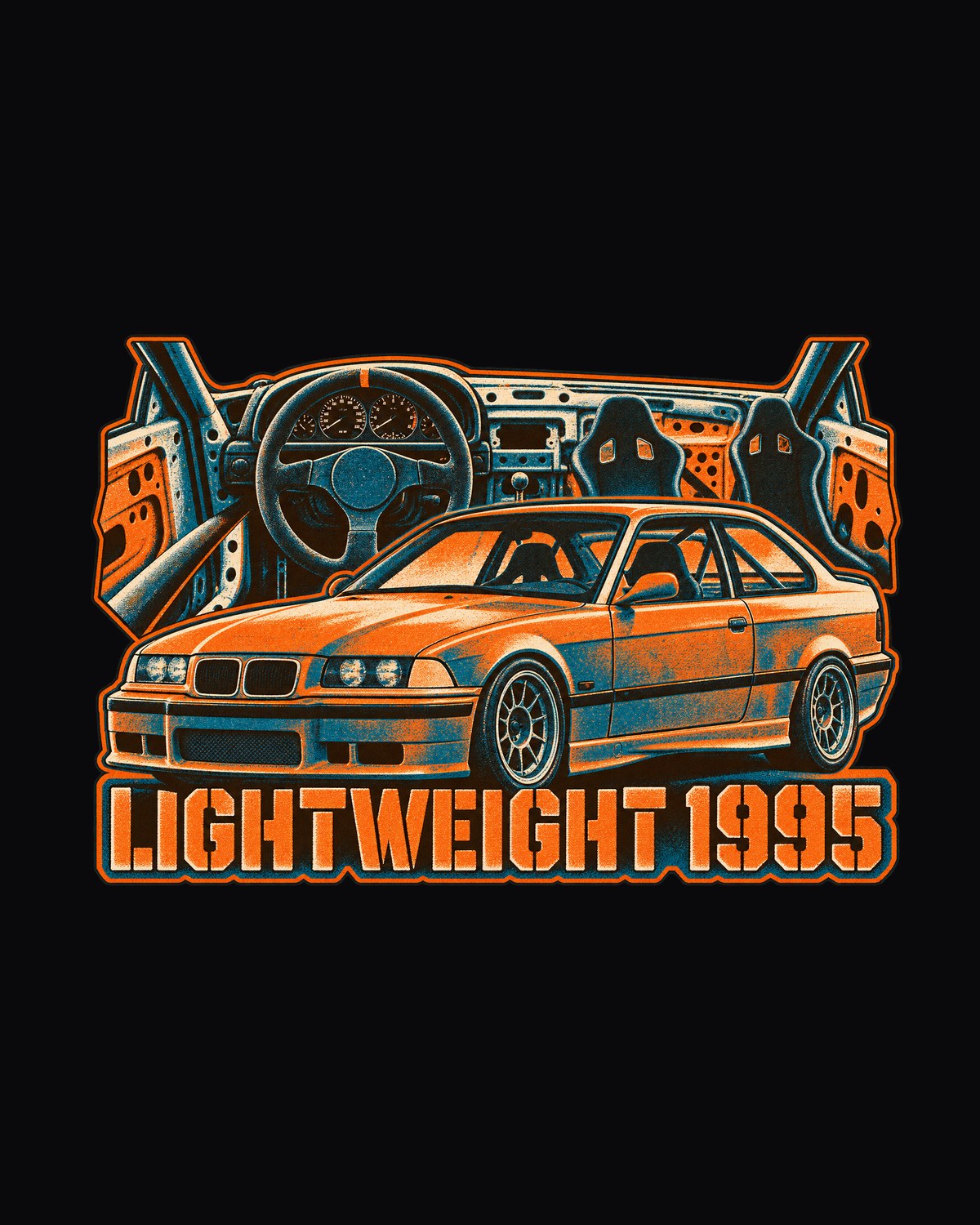 BMW E36 M3 Coupe Estoril Garage Rain Watercolour Tee design only