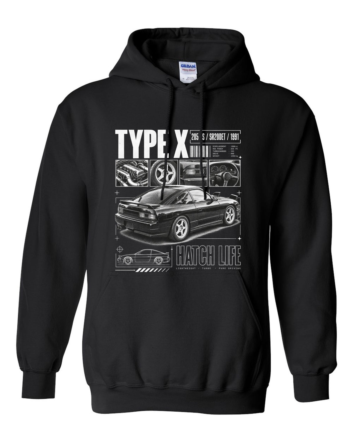 Dossier panels of a Nissan 180SX Type X with 205 PS, SR20DET and 1991 lettering black pull over hoodie front view with the design