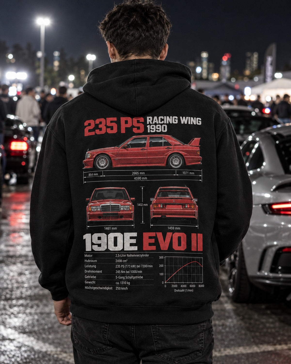 Mercedes 190E 25 16 Evo Ii Spec Sheet Full-Back Graphic Tee Pull Over Hoodie Black worn hero