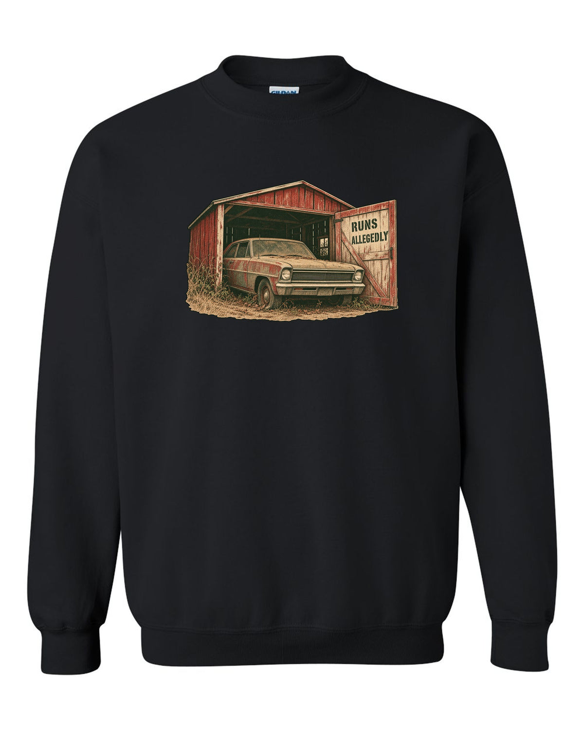 1966 Chevy II Nova in a grainy two-colour risograph barn find design with the text Runs Allegedly black crewneck front view with the design