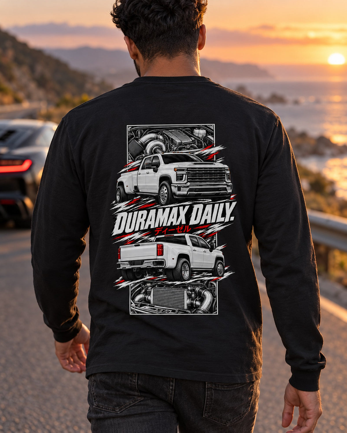 Chevy Silverado Hd Torn Poster Full-Back Graphic Tee Long Sleeve Black worn hero