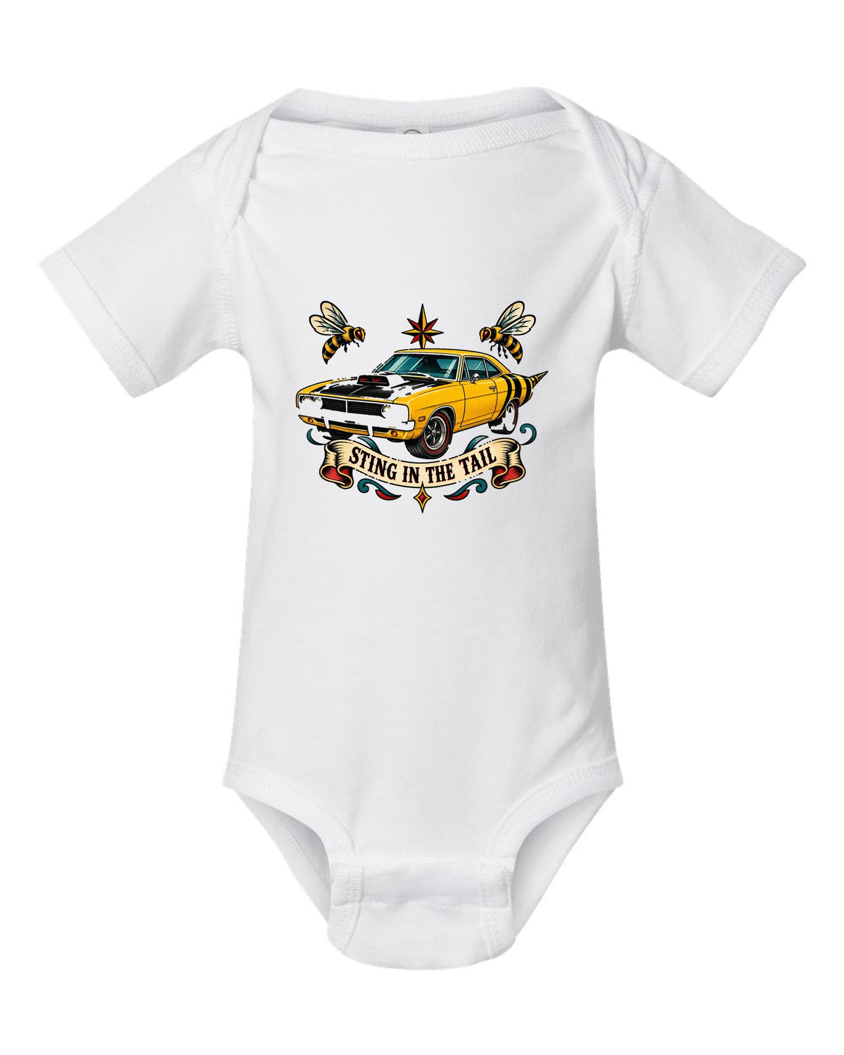 Hand-drawn tattoo flash print of a 1969 Dodge Coronet Super Bee with sting in the tail text white baby onesie front view with the design
