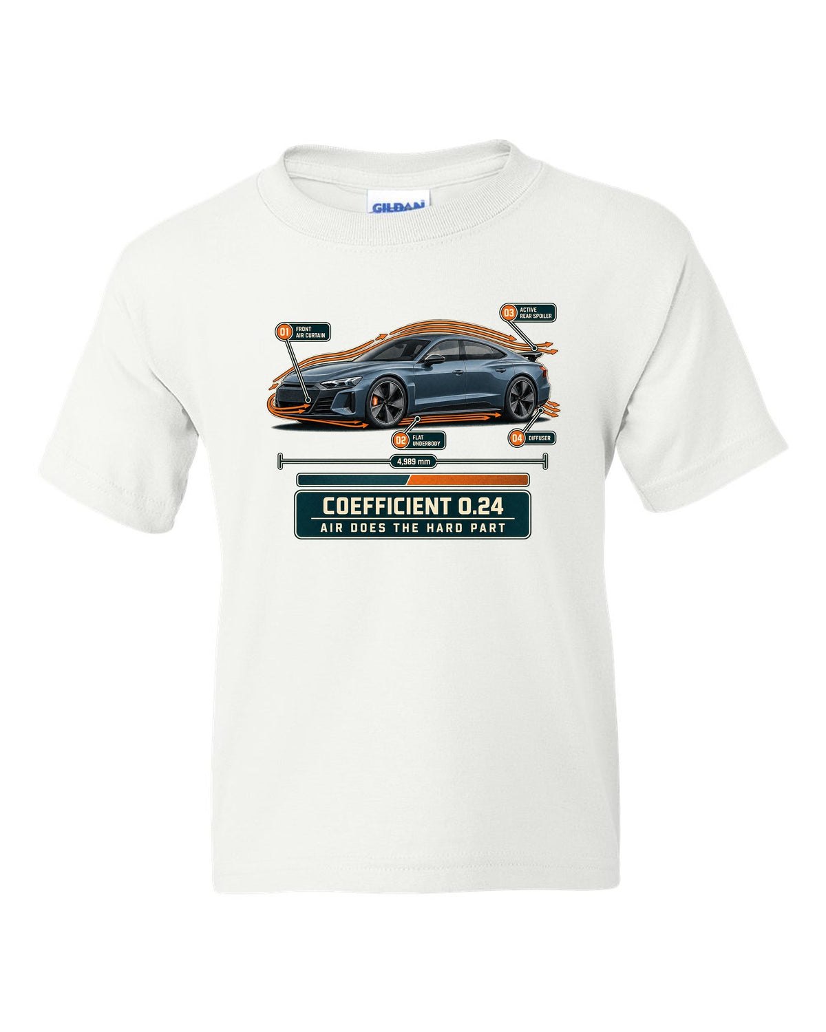 Audi RS e-tron GT aero callouts with airflow diagram print design white kids tee front view with the design