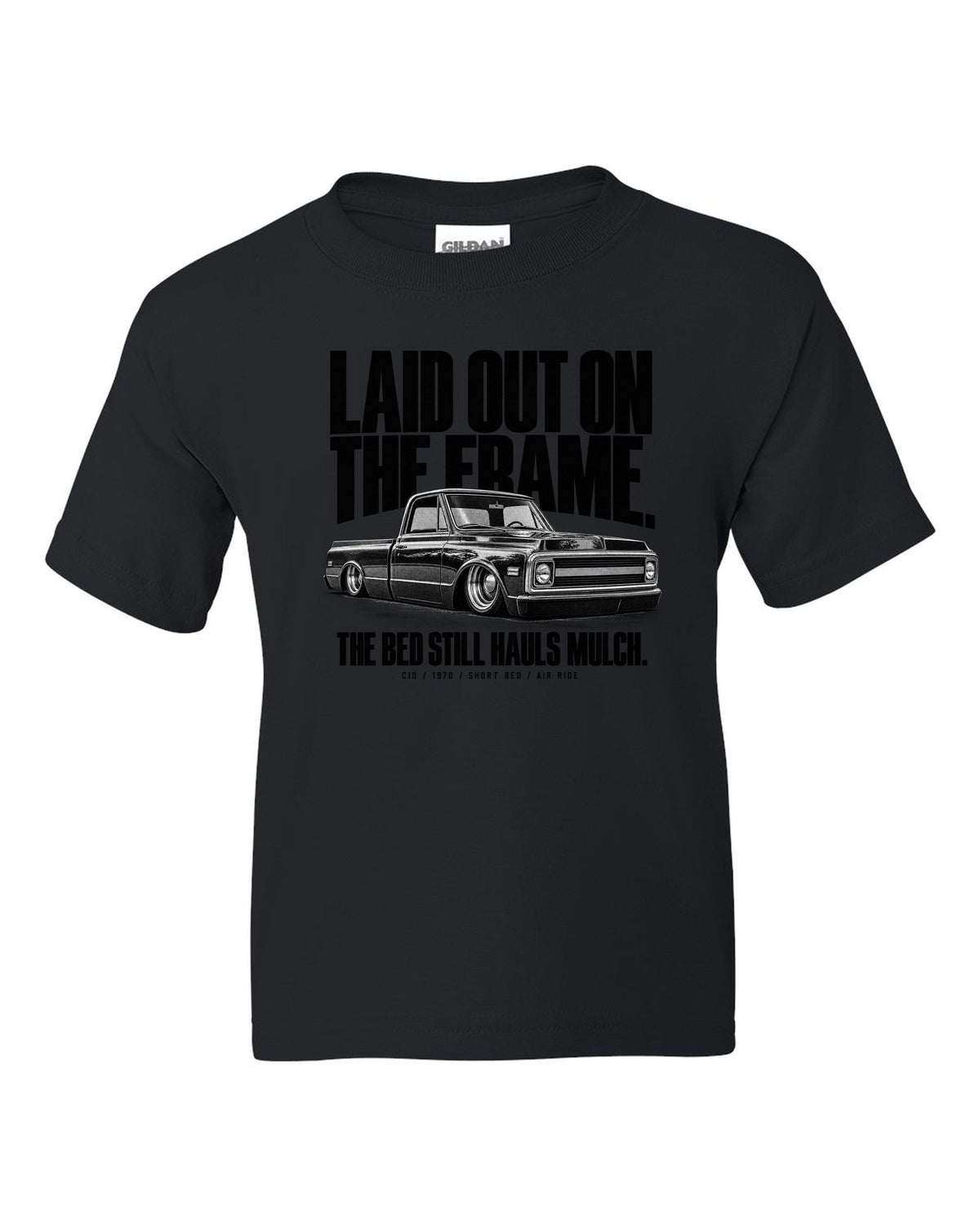 Halftone print of a 1970 Chevrolet C10 short bed on air ride with laid out on the frame text black kids tee front view with the design