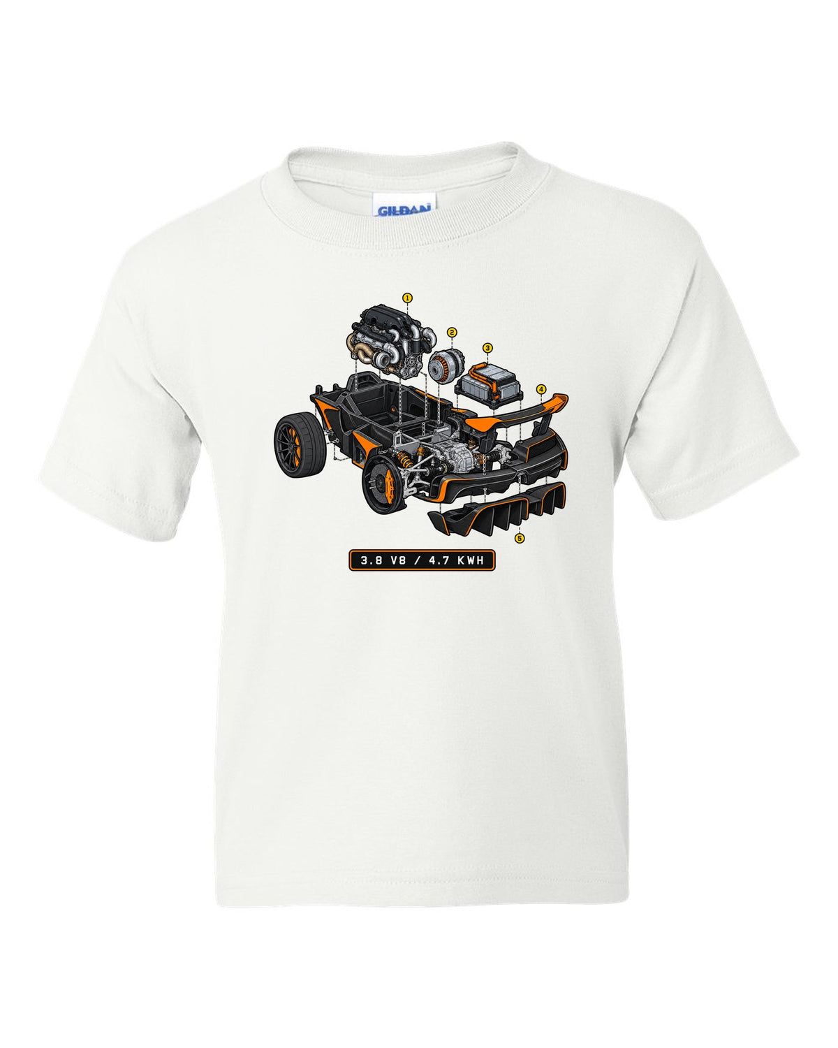 Exploded isometric cutaway print of the McLaren P1 with 3.8 V8 and 4.7 kWh lettering white kids tee front view with the design