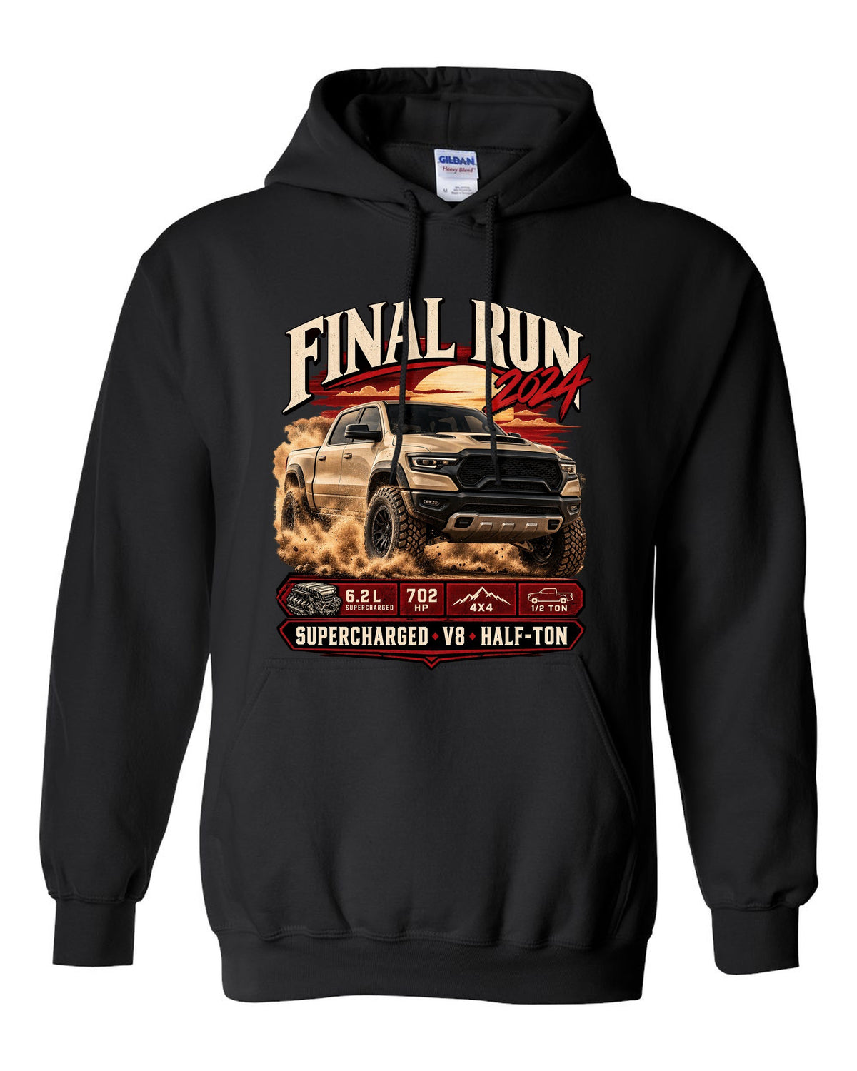 Archive panel print of a 2024 Ram 1500 TRX Final Edition with final run and supercharged V8 text black pull over hoodie front view with the design