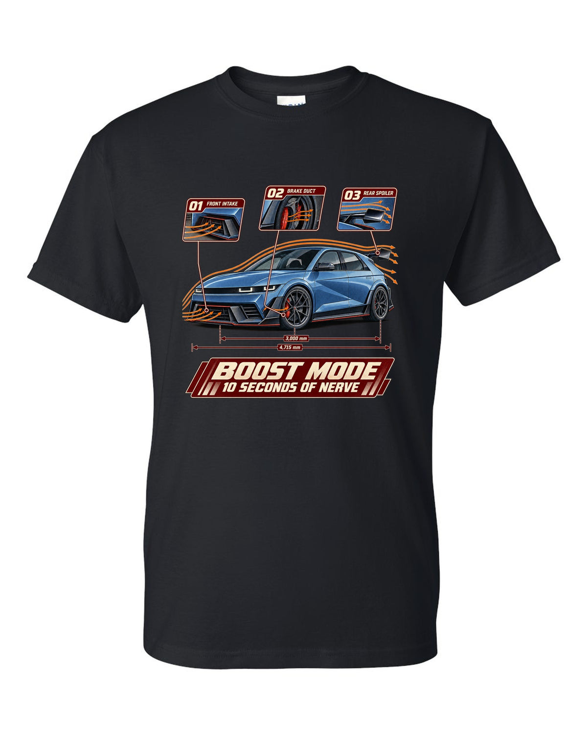 Hyundai Ioniq 5 N aero cutaway callouts print black t-shirt front view with the design