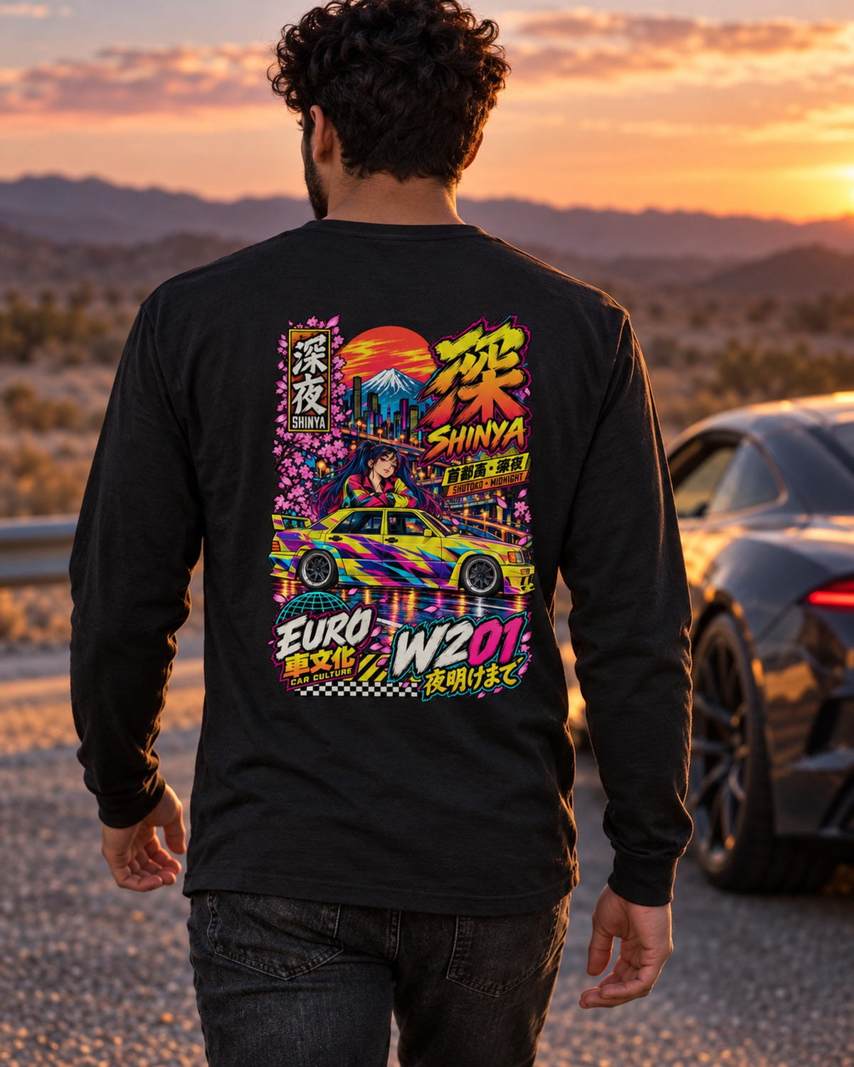 SHINYA W201 Anime Girl Full-Back Graphic Tee Long Sleeve Black worn hero