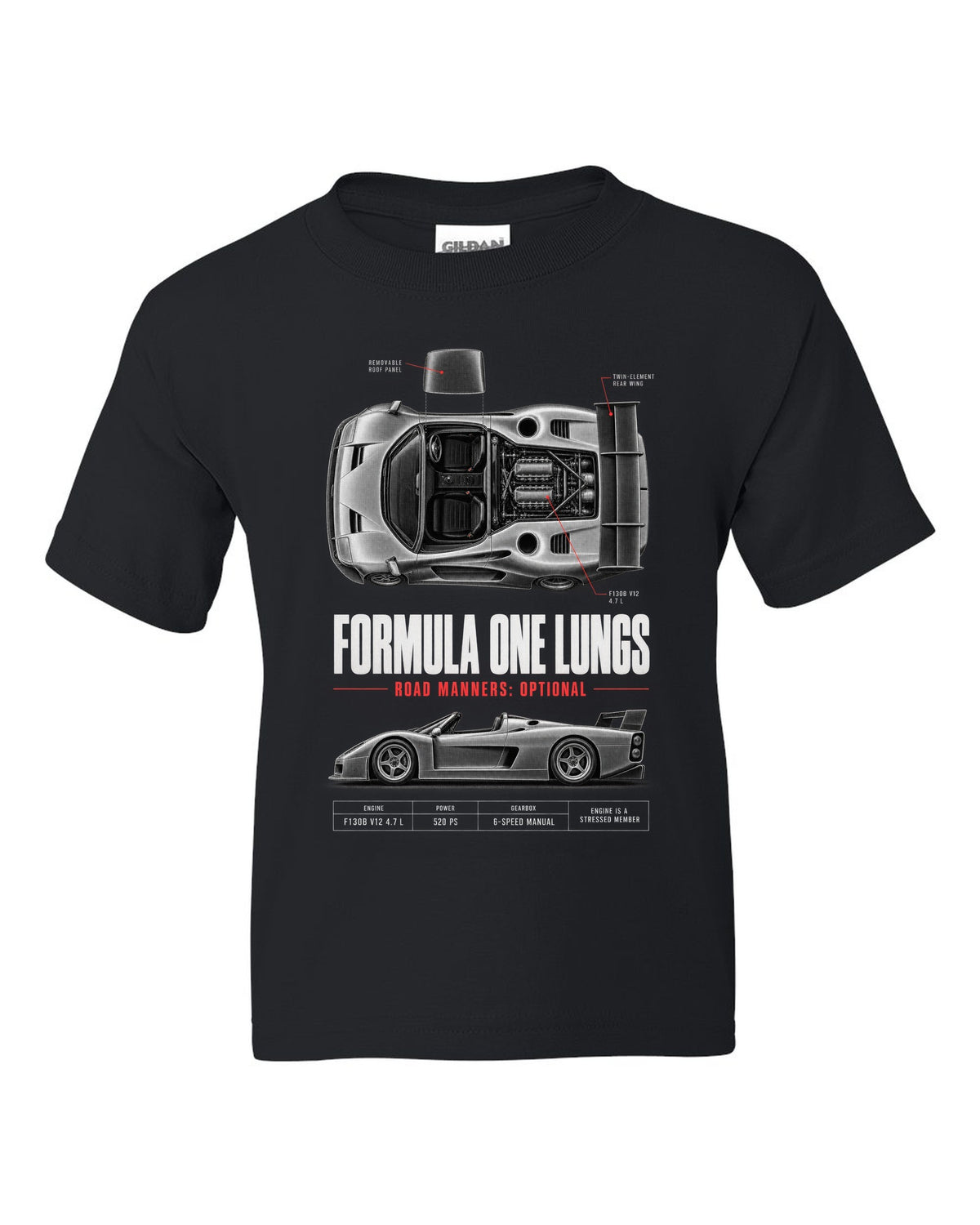 Ferrari F50 1995 top-down and profile spec poster print, F130B V12 4.7 L black kids tee front view with the design