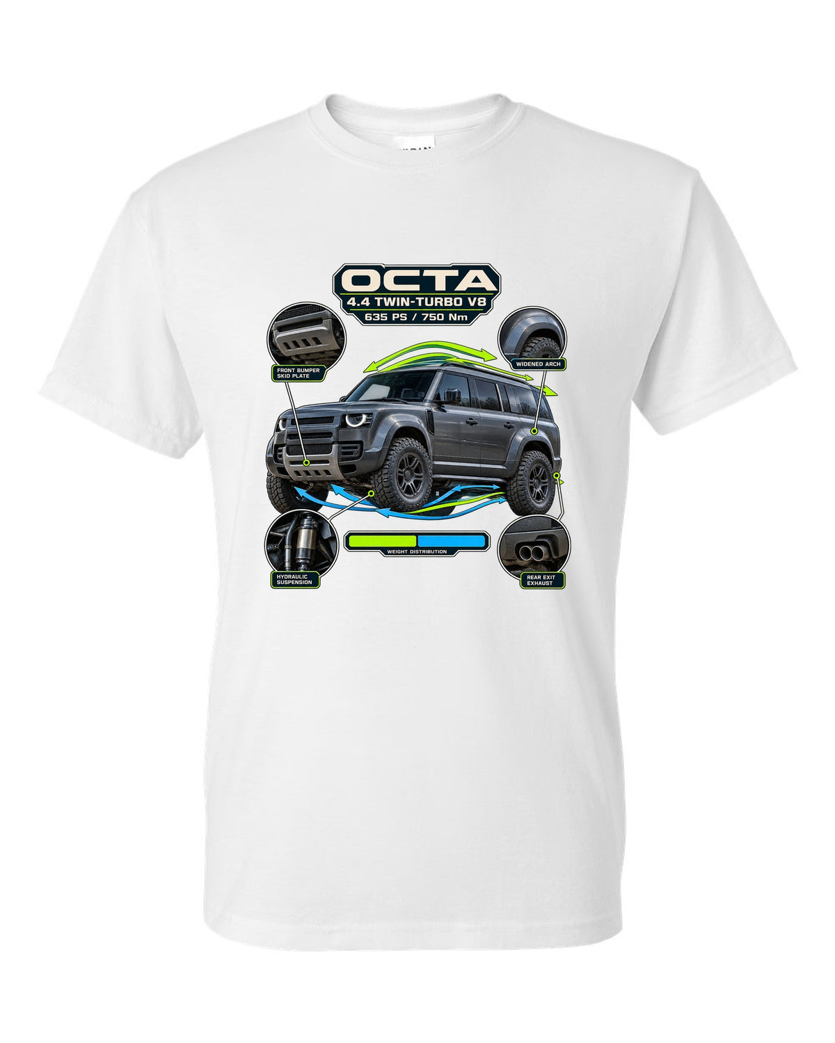 Aero callout print of the Land Rover Defender Octa with V8 power and torque figures white t-shirt front view with the design