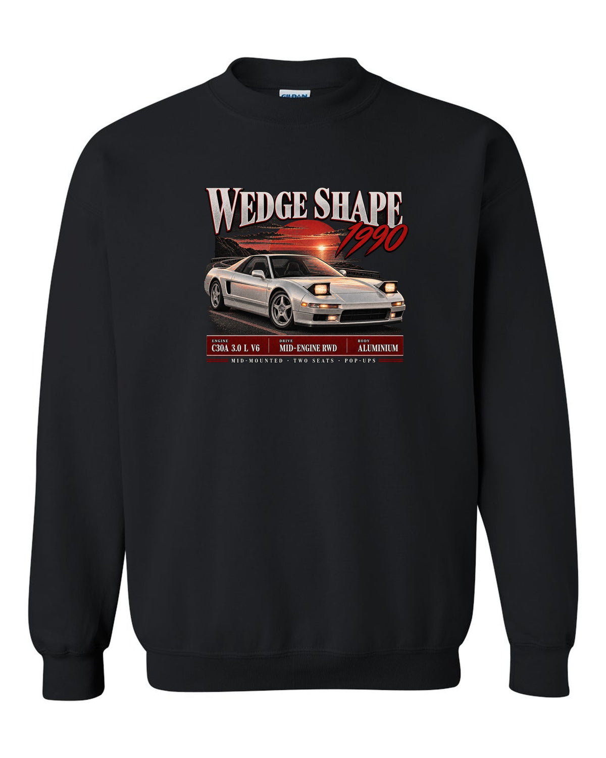 Honda NSX NA1 archive panel design with wedge shape 1990 text black crewneck front view with the design