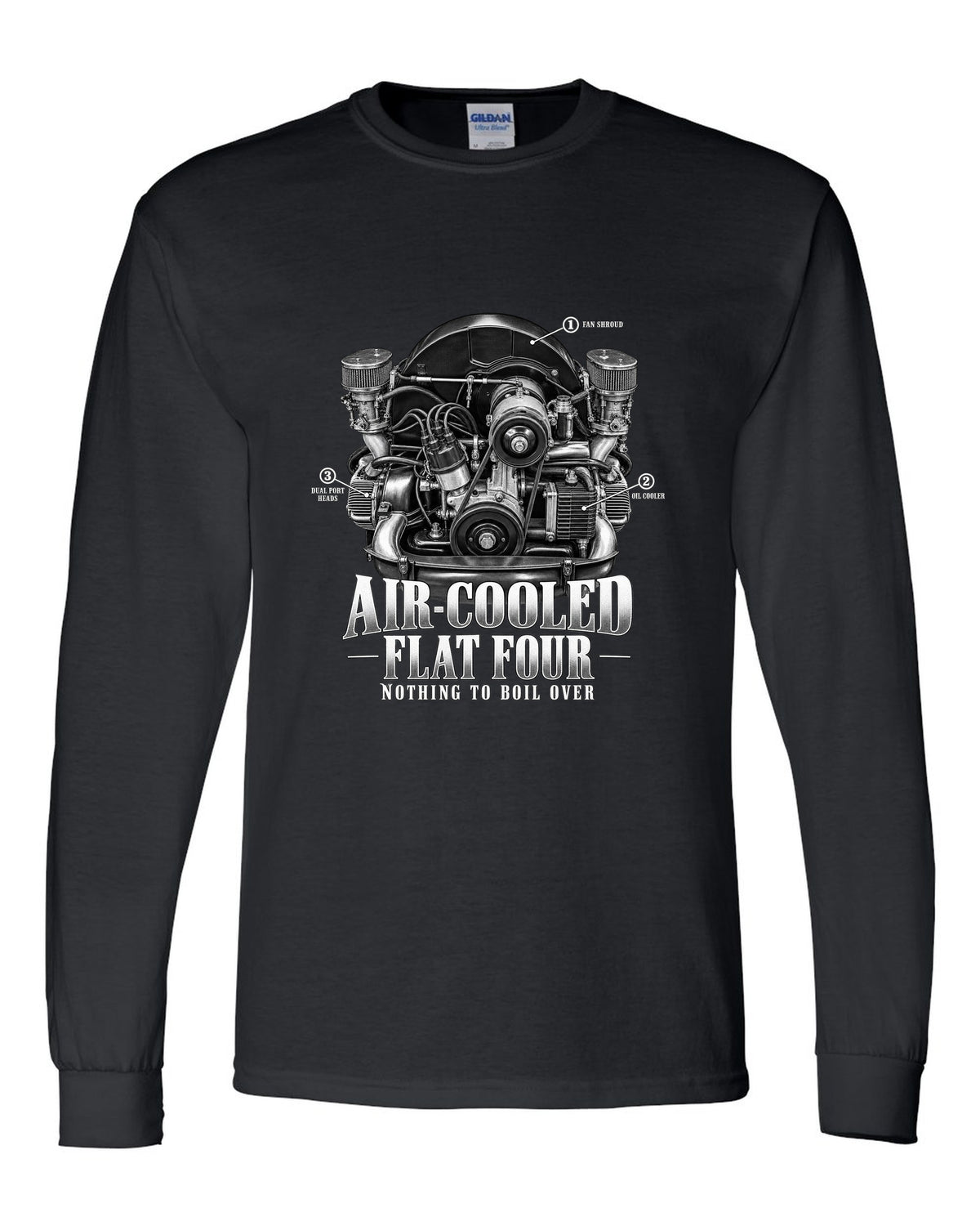 Engine bay callout print of a VW Beetle air-cooled 1600 dual-port flat-four black long sleeve front view with the design