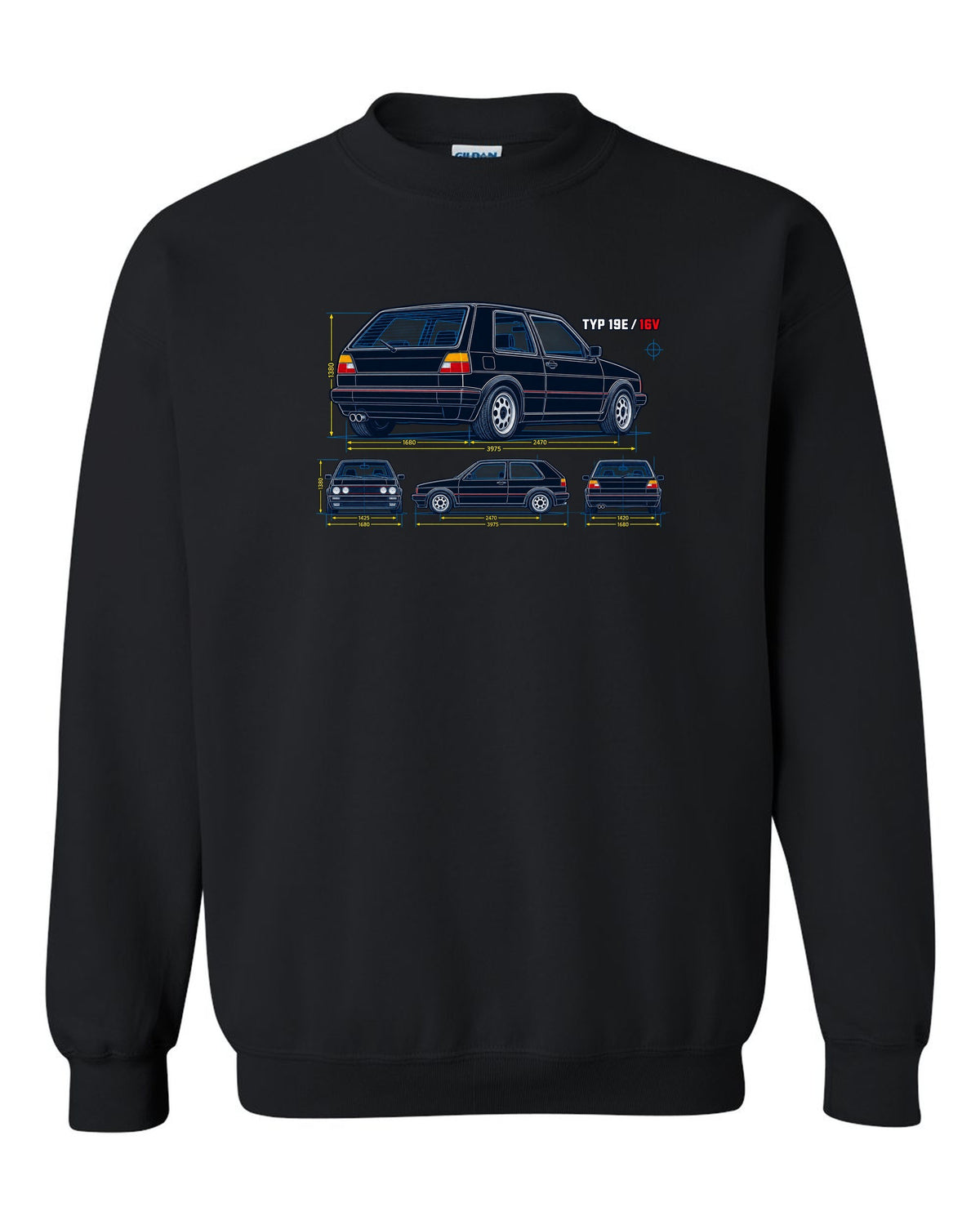 Blueprint line art print of a VW Golf Mk2 GTI 16V with Typ 19E text black crewneck front view with the design