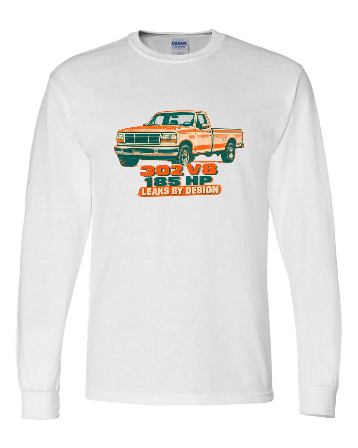 Risograph-style art of a 1992-97 Ford F-150 OBS tailgate in mud with 302 V8 185 HP lettering white long sleeve front view with the design