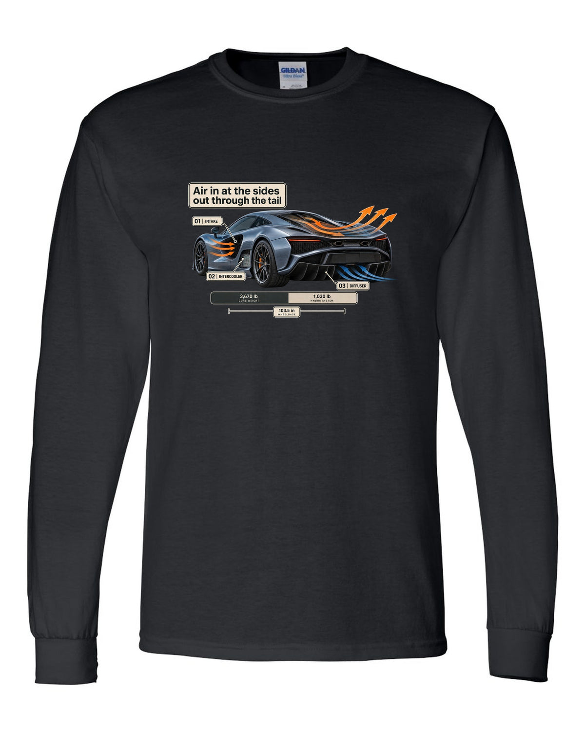 Aero cutaway print of a 2019 Acura NSX NC1 with airflow callouts black long sleeve front view with the design