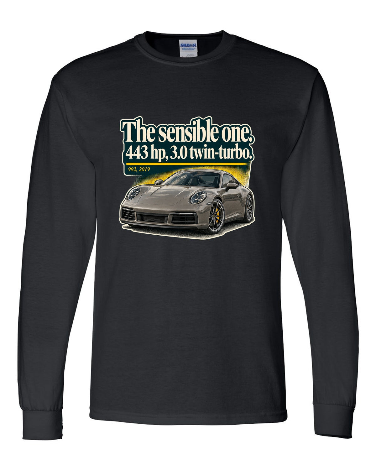 print of a Porsche 992 Carrera S coupe with an editorial headline layout black long sleeve front view with the design