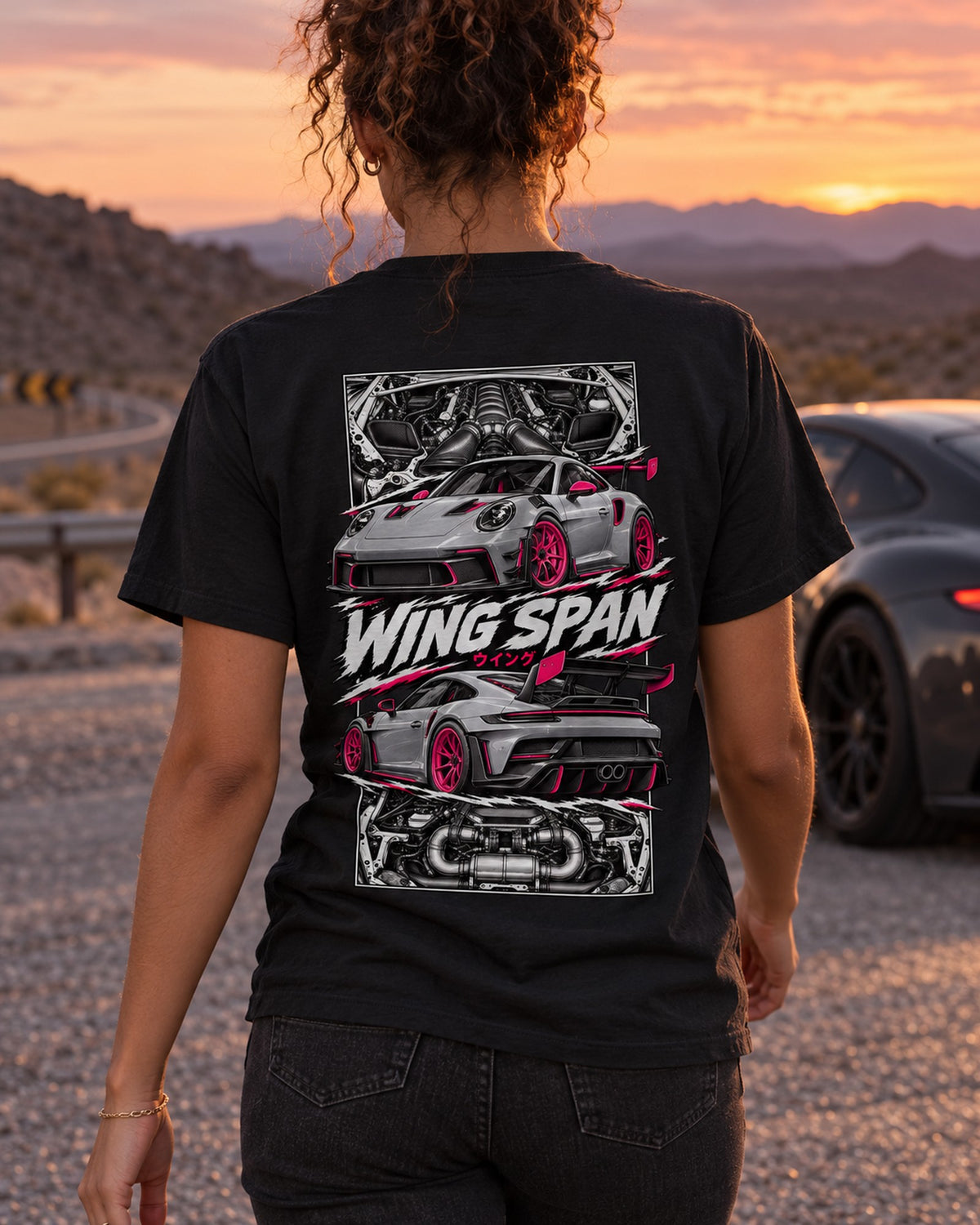 Porsche 992 Gt3 Rs Torn Poster Full-Back Graphic Tee T-Shirt Black worn hero