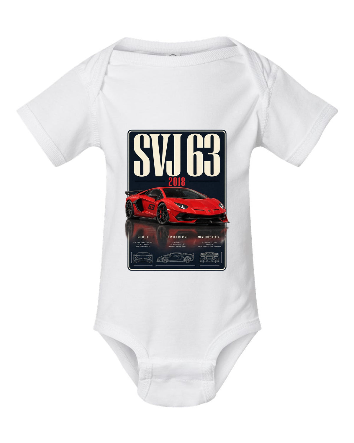 Archive panel print of the Lamborghini Aventador SVJ 63 limited edition white baby onesie front view with the design