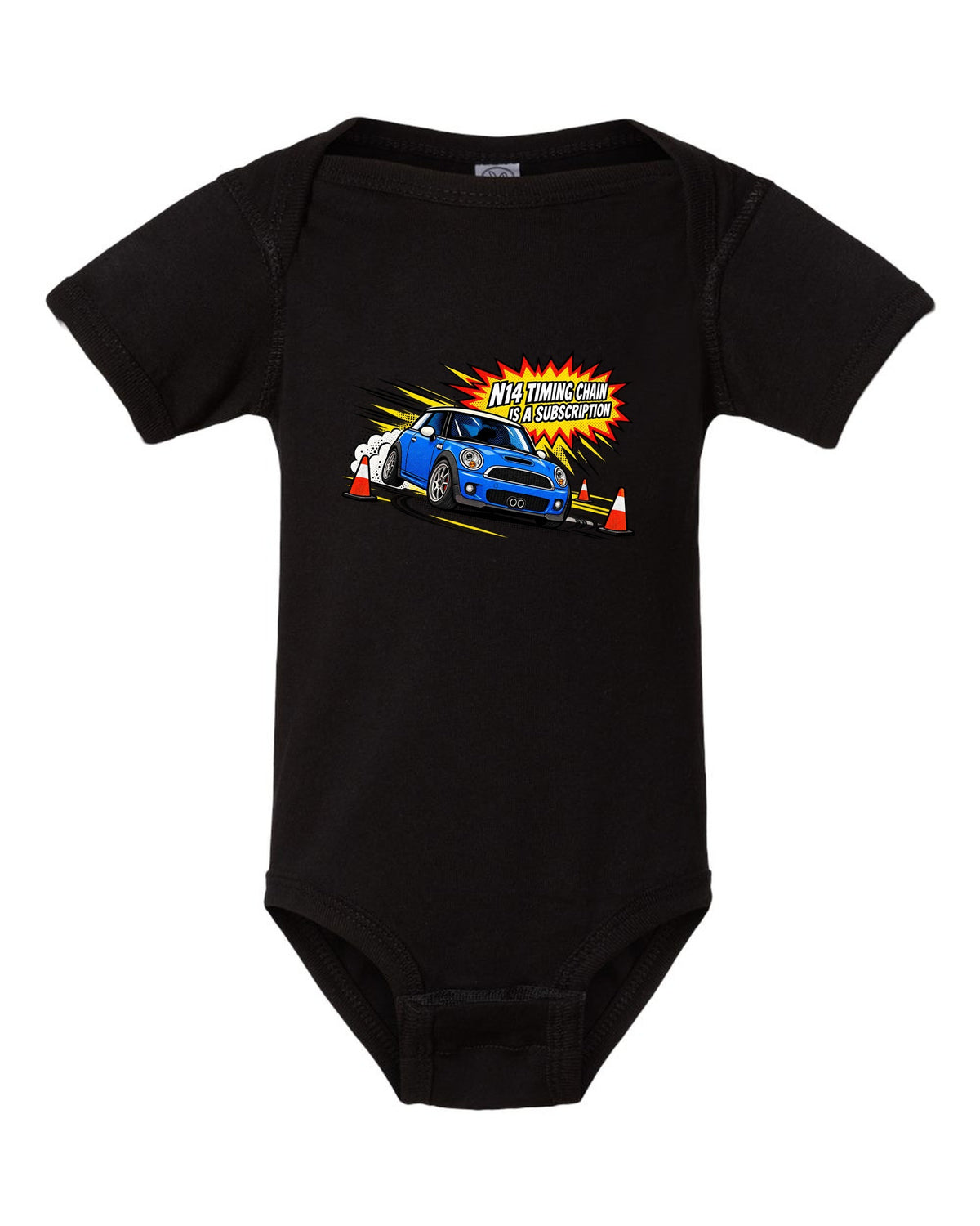 Comic halftone pop-art Mini Cooper S R56 with N14 timing chain joke black baby onesie front view with the design