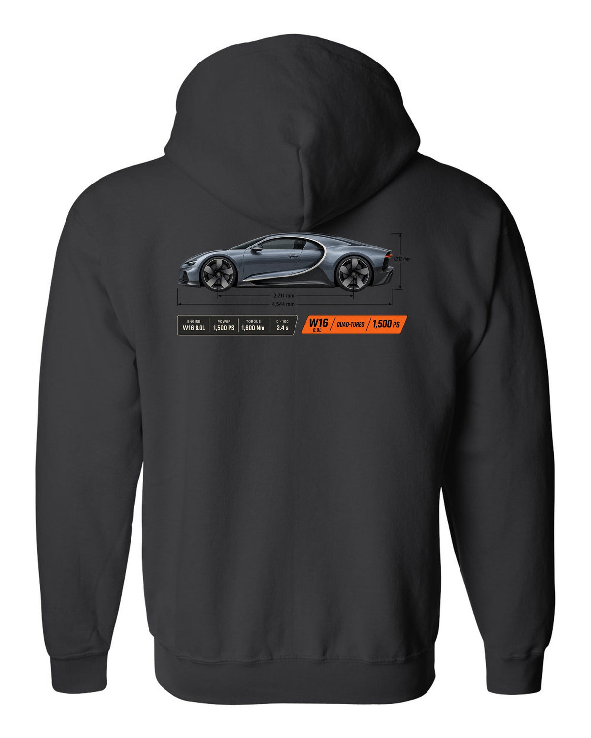 Bugatti Chiron W16 Dimension Blueprint black zip hoodie back view with the design