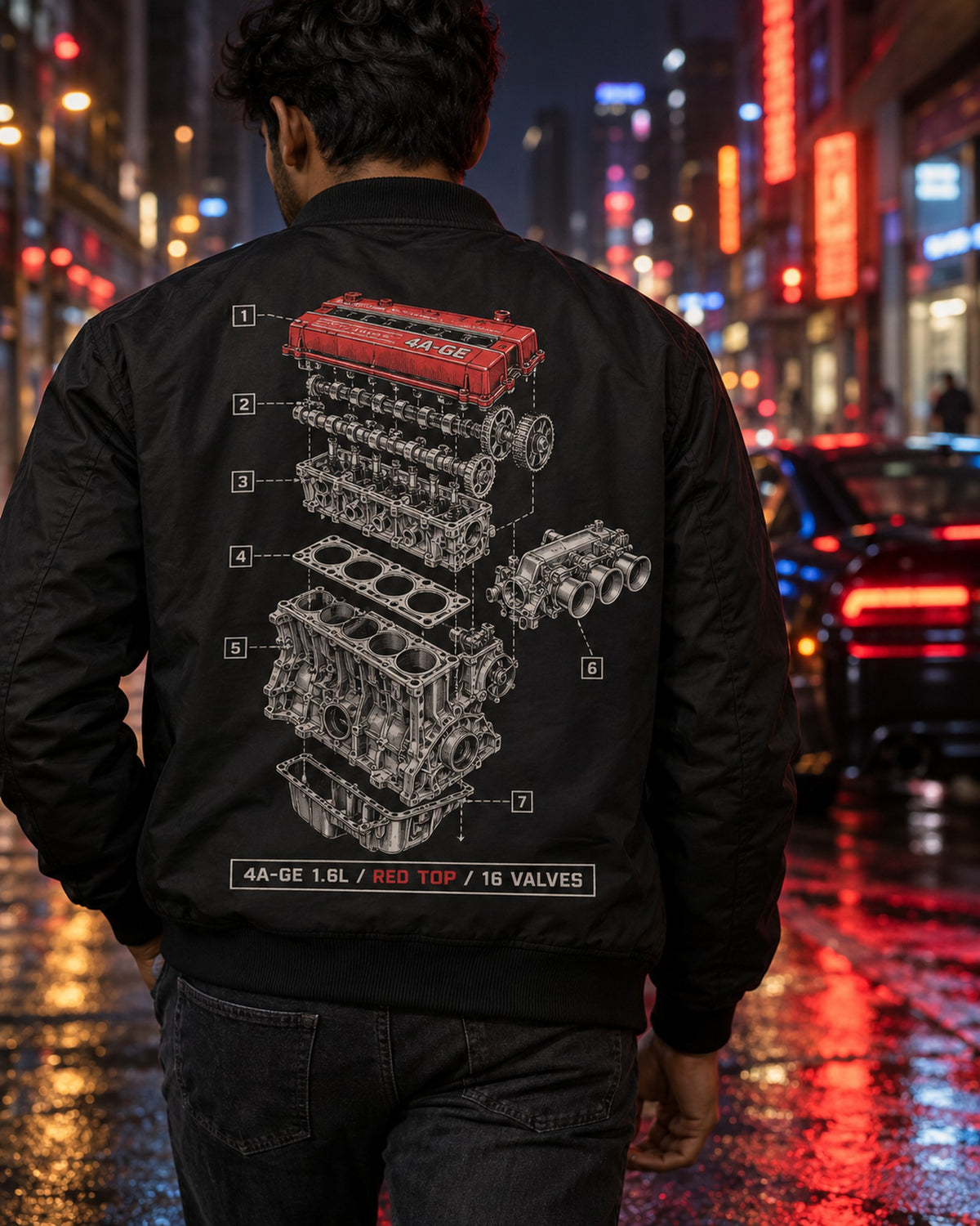 Toyota AE86 Corolla Levin 4A-GE Exploded Blueprint Tee Bomber Jacket Black worn hero