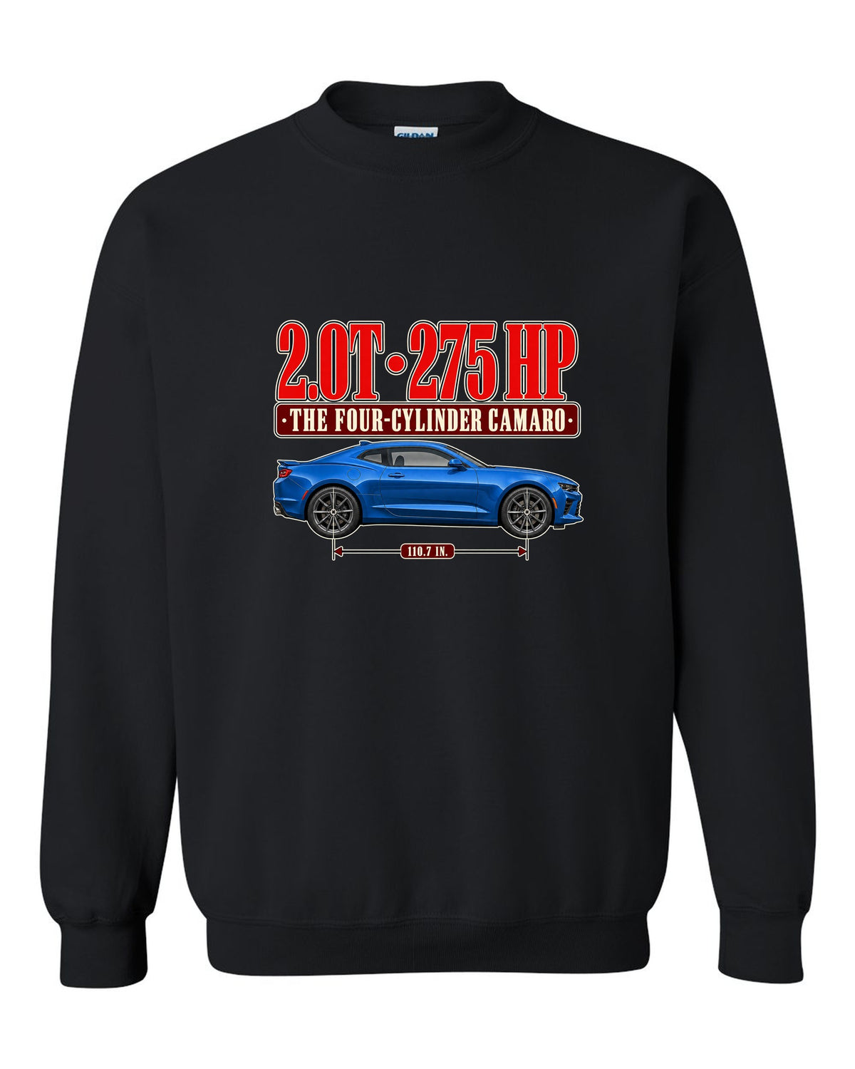 Editorial headline print for a Chevrolet Camaro 2.0T Turbo 1LE black crewneck front view with the design