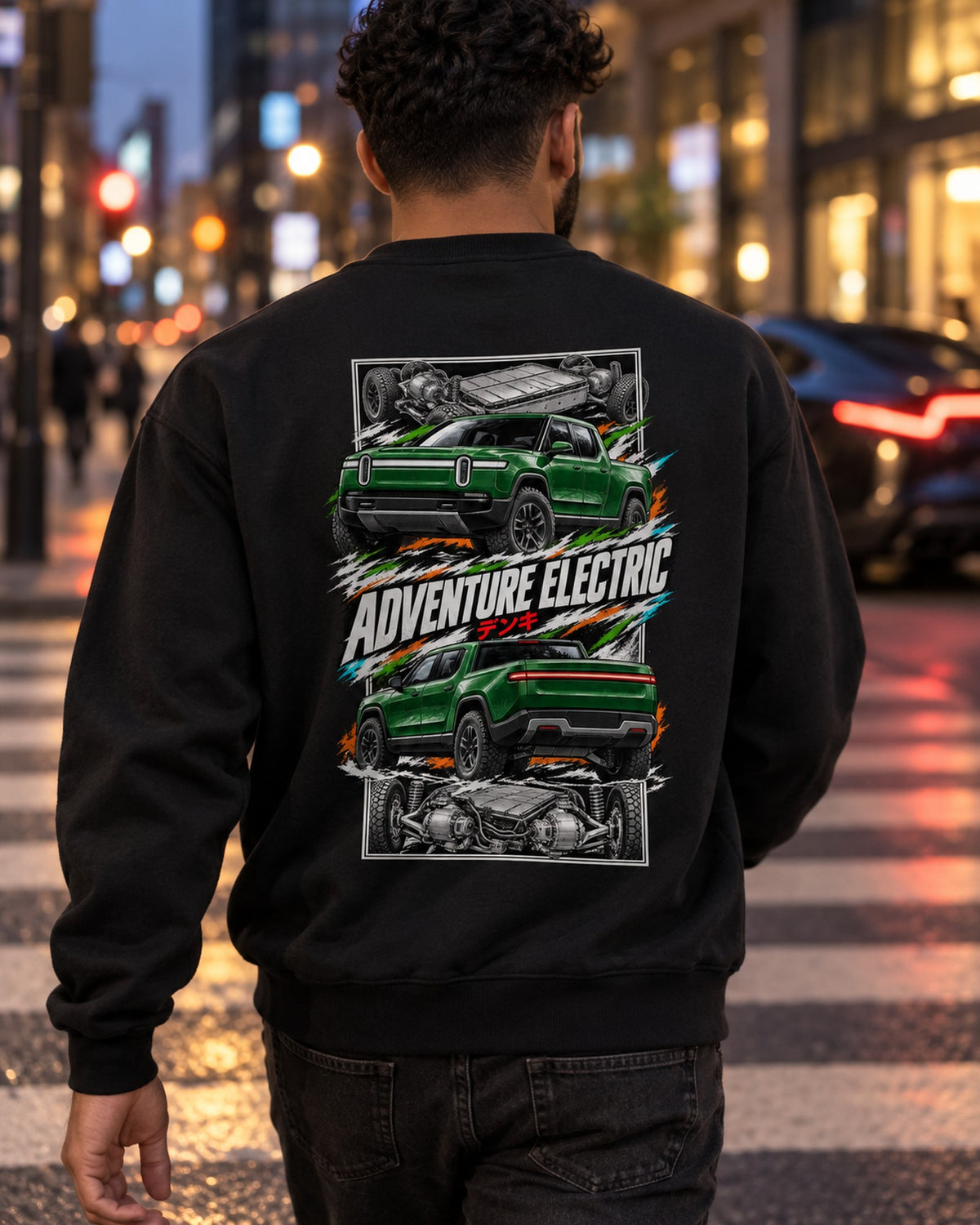 Rivian R1T Torn Poster Full-Back Graphic Tee Crewneck Black worn hero