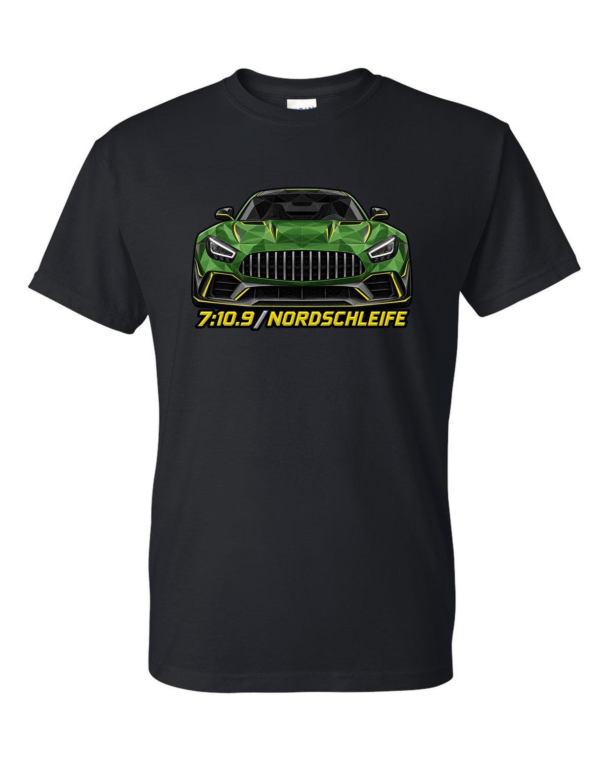 Low-poly wireframe illustration of a Mercedes AMG GT R C190 with 7:10.9 Nordschleife text black t-shirt front view with the design