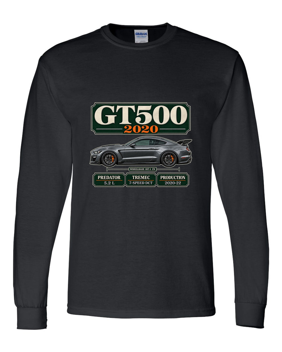 Ford Mustang S550 Shelby GT500 2020 archive panel print with engine and gearbox details black long sleeve front view with the design