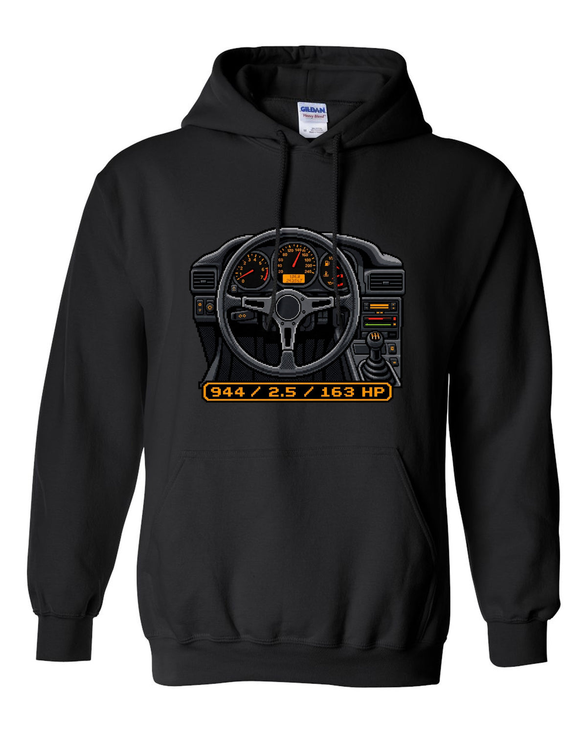 Dot-matrix pixel art of a Porsche 944 styled like a digital dash display black pull over hoodie front view with the design