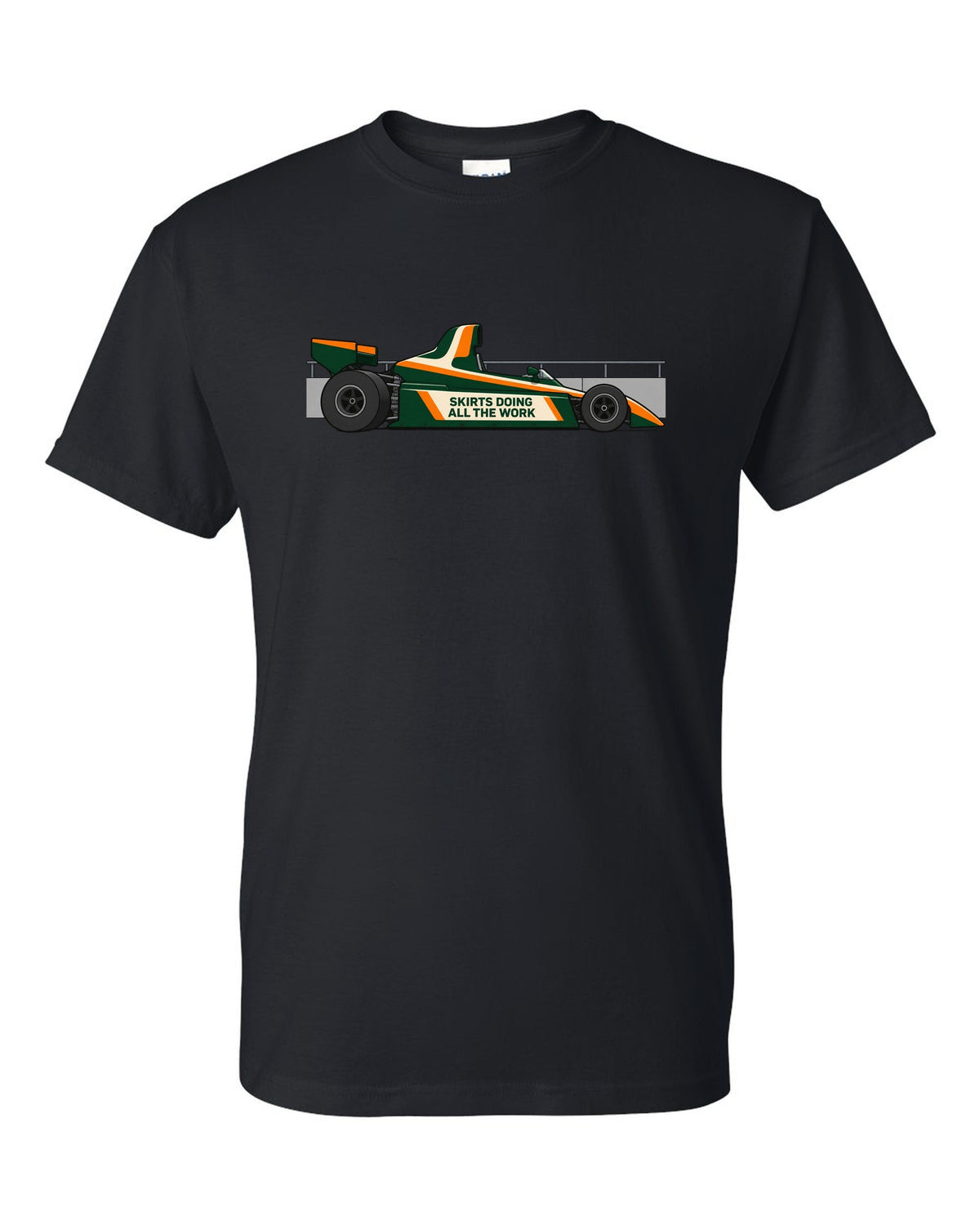 Flat vector Lotus 79 Formula 1 car with the lettering skirts doing all the work black t-shirt front view with the design