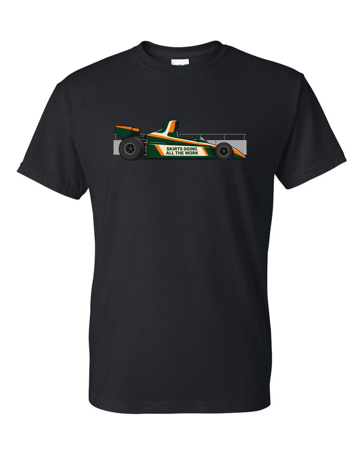Flat vector Lotus 79 Formula 1 car with the lettering skirts doing all the work black t-shirt front view with the design