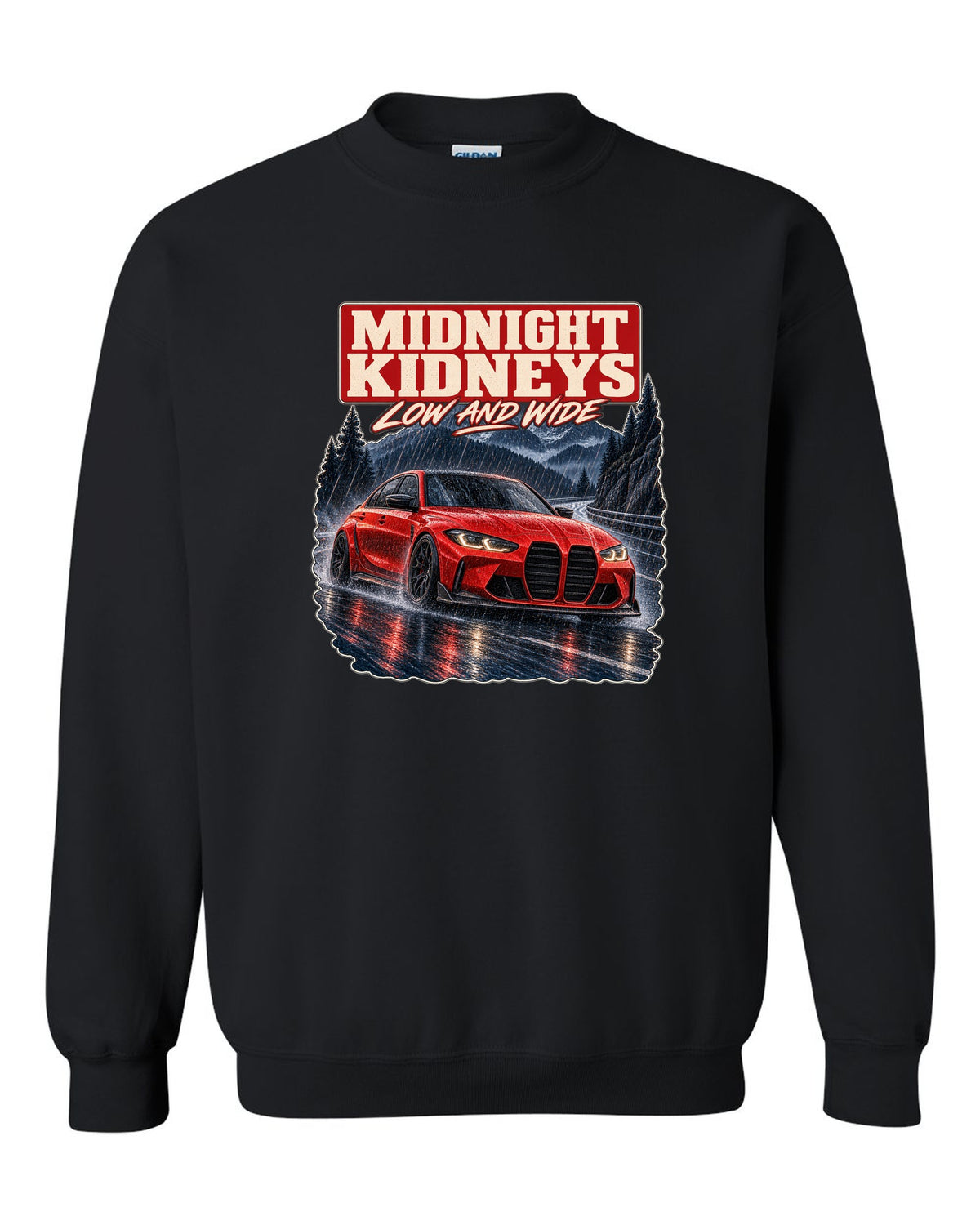 BMW M3 Competition G80 night street print with midnight kidneys text black crewneck front view with the design