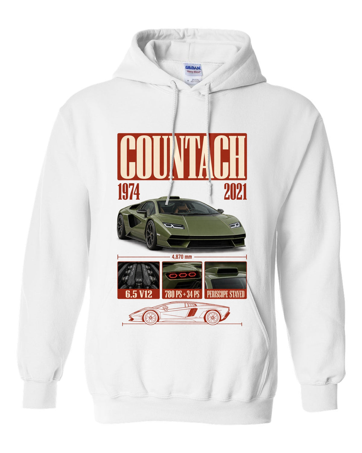 Lamborghini Countach LPI 800-4 archive panel print covering 1974 to 2021 with V12 specs white pull over hoodie front view with the design