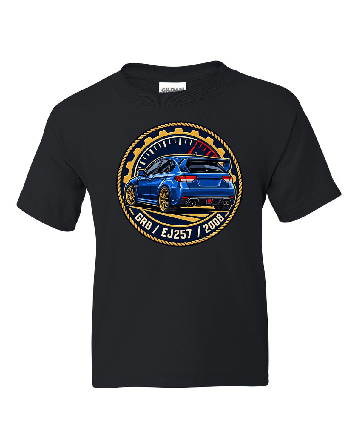 Subaru Impreza WRX STI GRB chback varsity crest print, GRB / EJ257 / 2008 black kids tee front view with the design