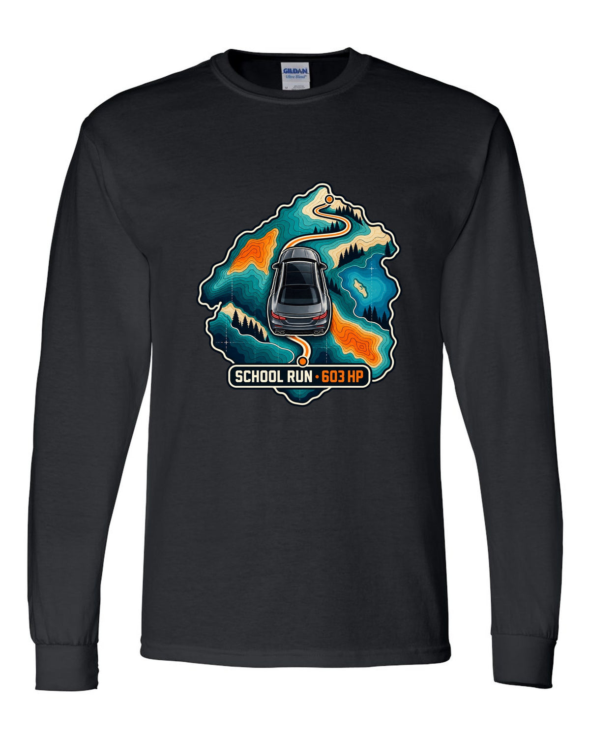 Topographic route map graphic reading School Run 603 HP for a Mercedes E63 W213, print black long sleeve front view with the design