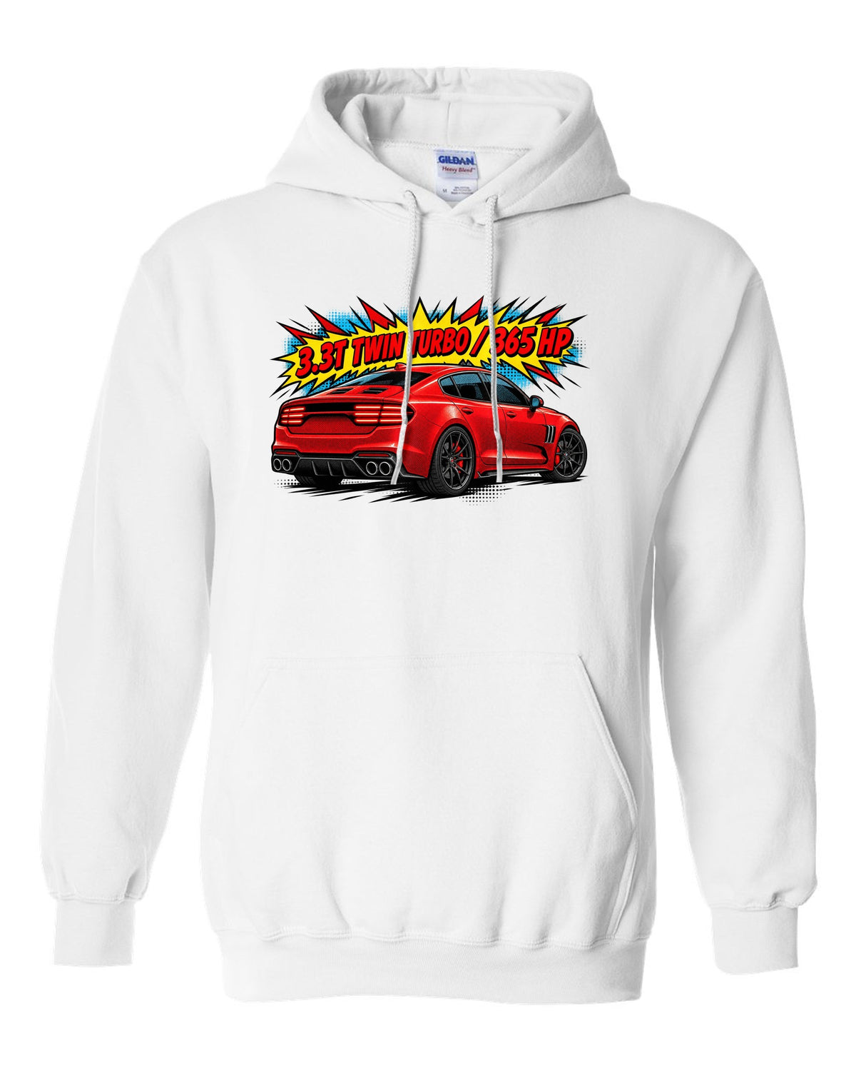 Comic halftone print of a Kia Stinger GT CK rear with 3.3T twin turbo 365 HP text white pull over hoodie front view with the design